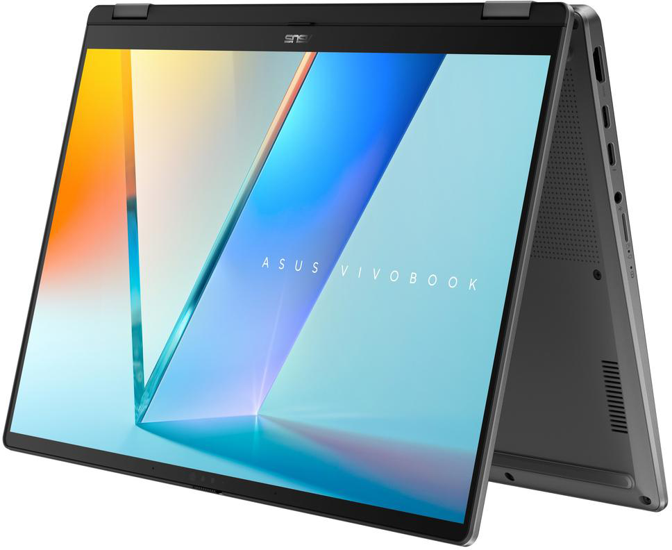 Szürke és ezüst laptop, nyitva, fehér felületen. A képernyő színeket mutat.
