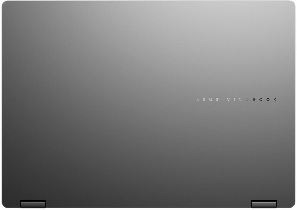 Zárt ezüst laptop ASUS Vivobook logóval, középen a szürke felületen.