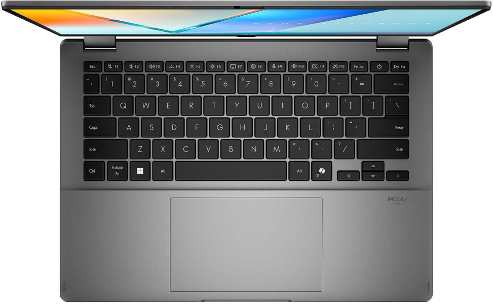 Laptop billentyűzettel és nyitott képernyővel felülnézetben. A képernyő színes képet jelenít meg.