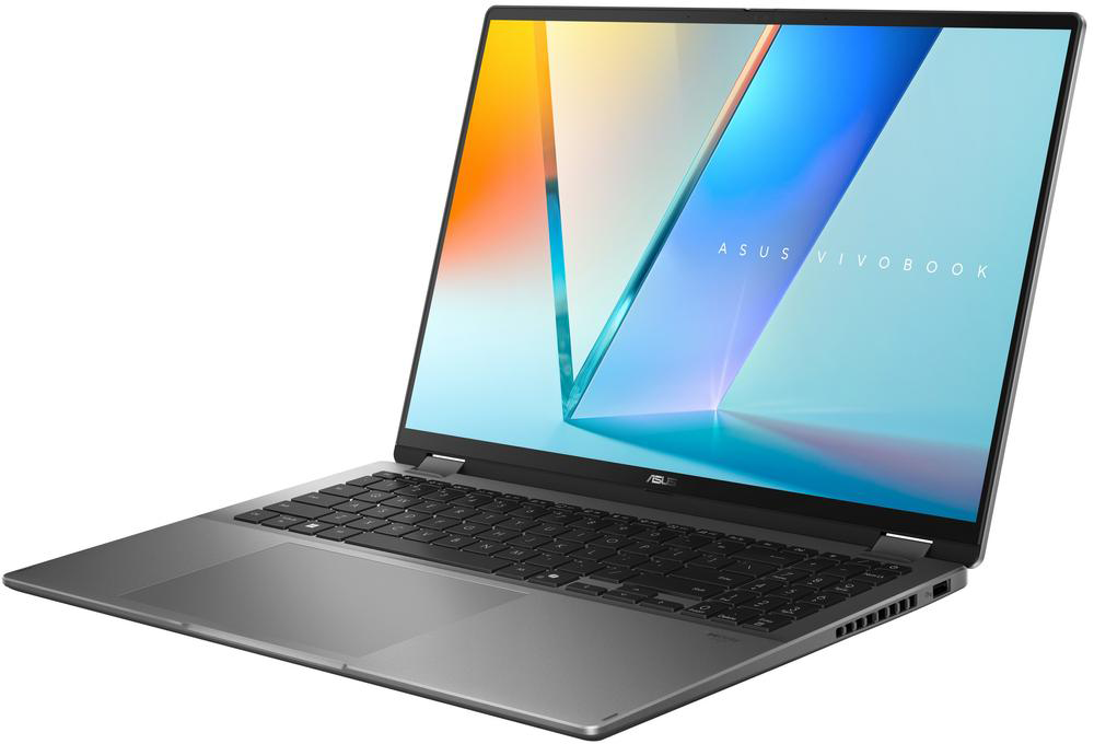 Nyitott laptop ASUS Vivobook logóval. A képernyő színes, absztrakt hátteret mutat.