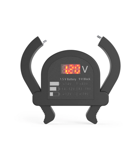 Probador de batería negro con una pantalla digital que muestra 1,88 V.