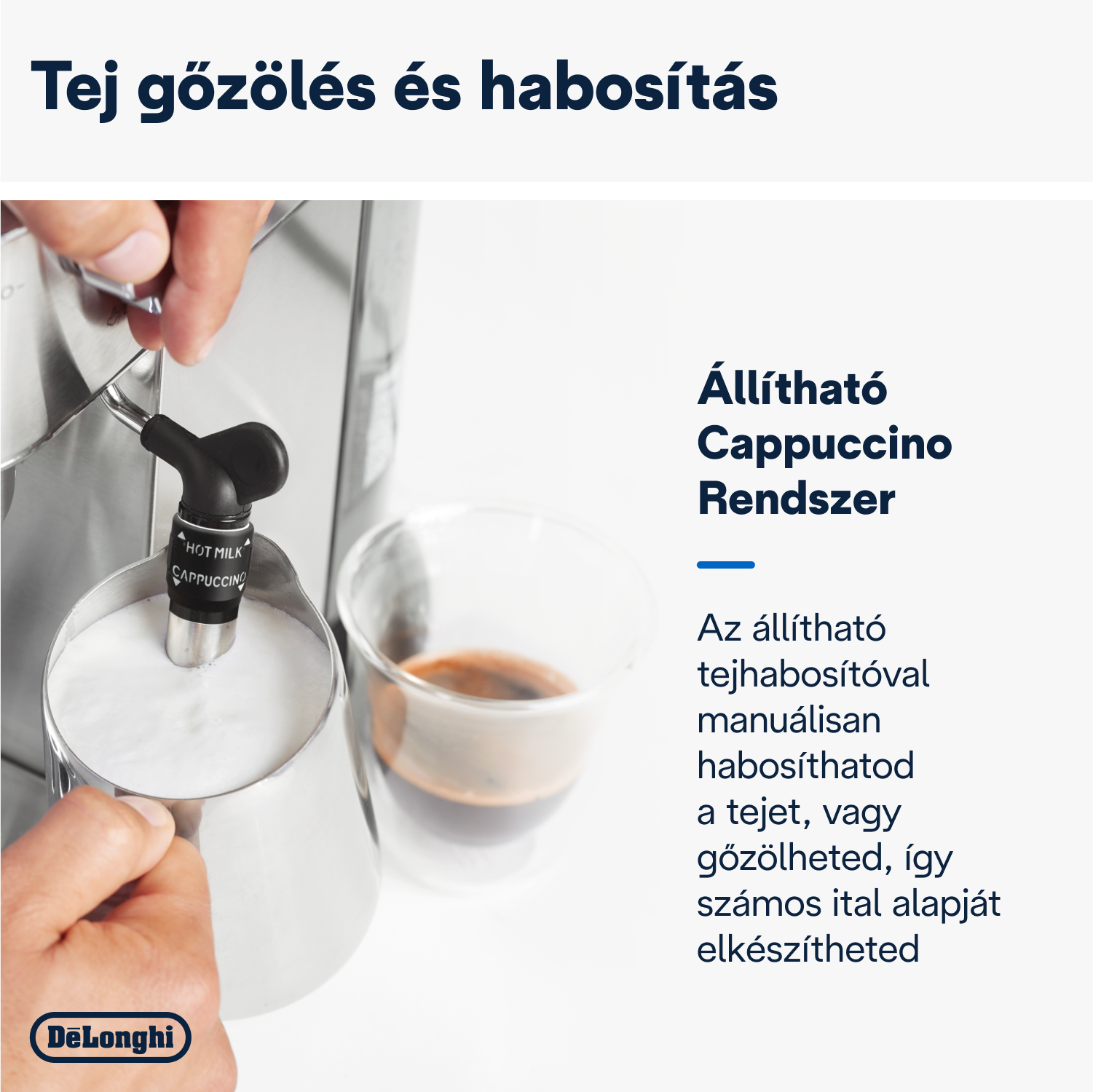 Kéz, amely egy fémkancsót tart, és tejet önt egy csésze kávéba.