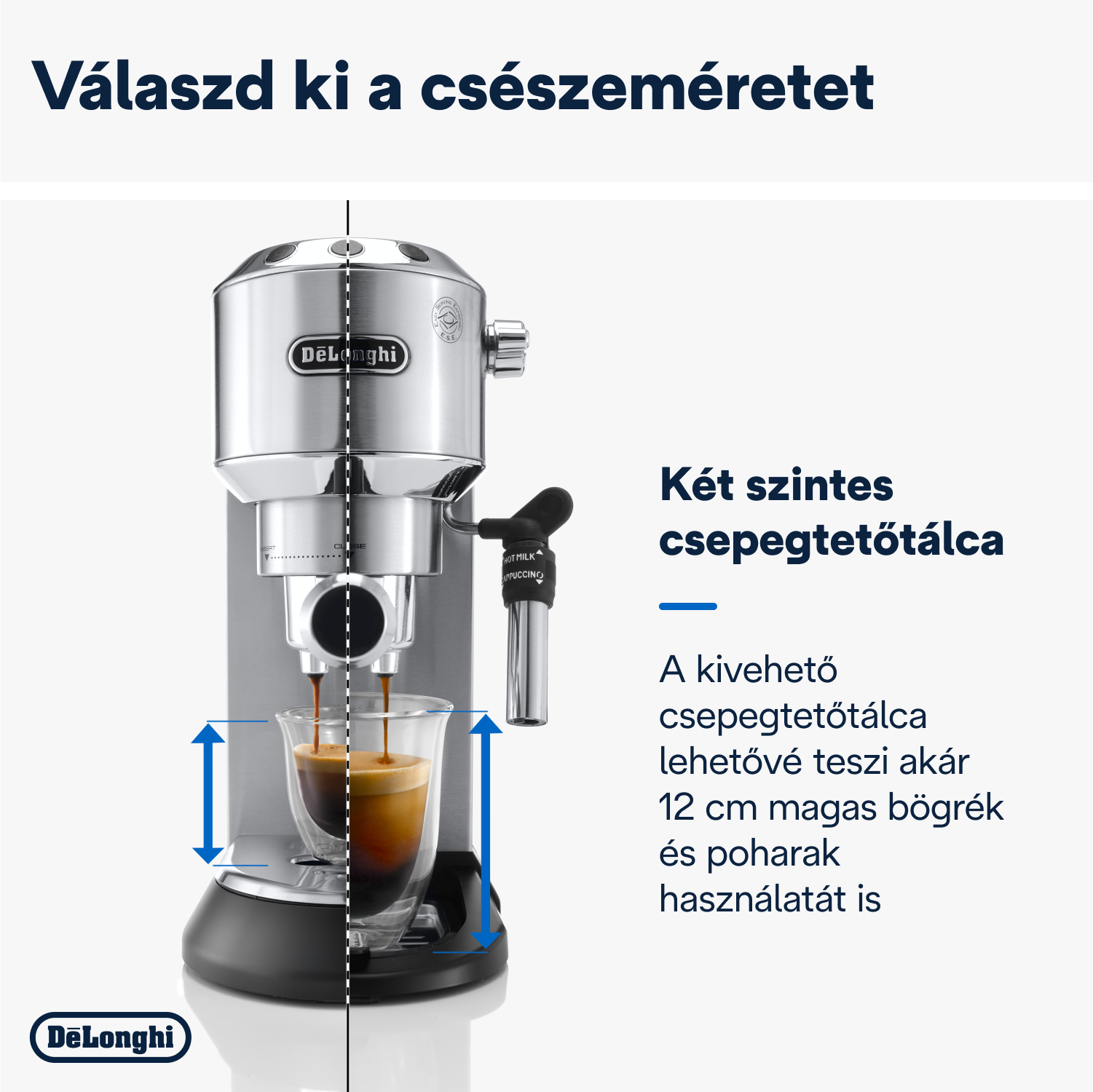 Ezüst De'Longhi eszpresszó gép, két kávéscsészével.