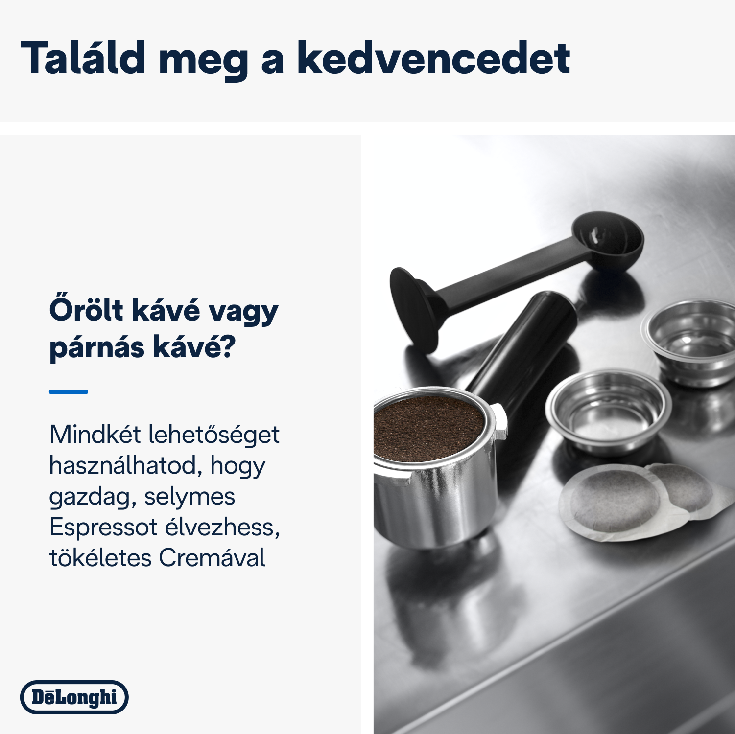 Kávéfőző kiegészítőkkel. Tartalmaz egy kanalat, szűrőtartót és kávépárnákat. Fém felület.