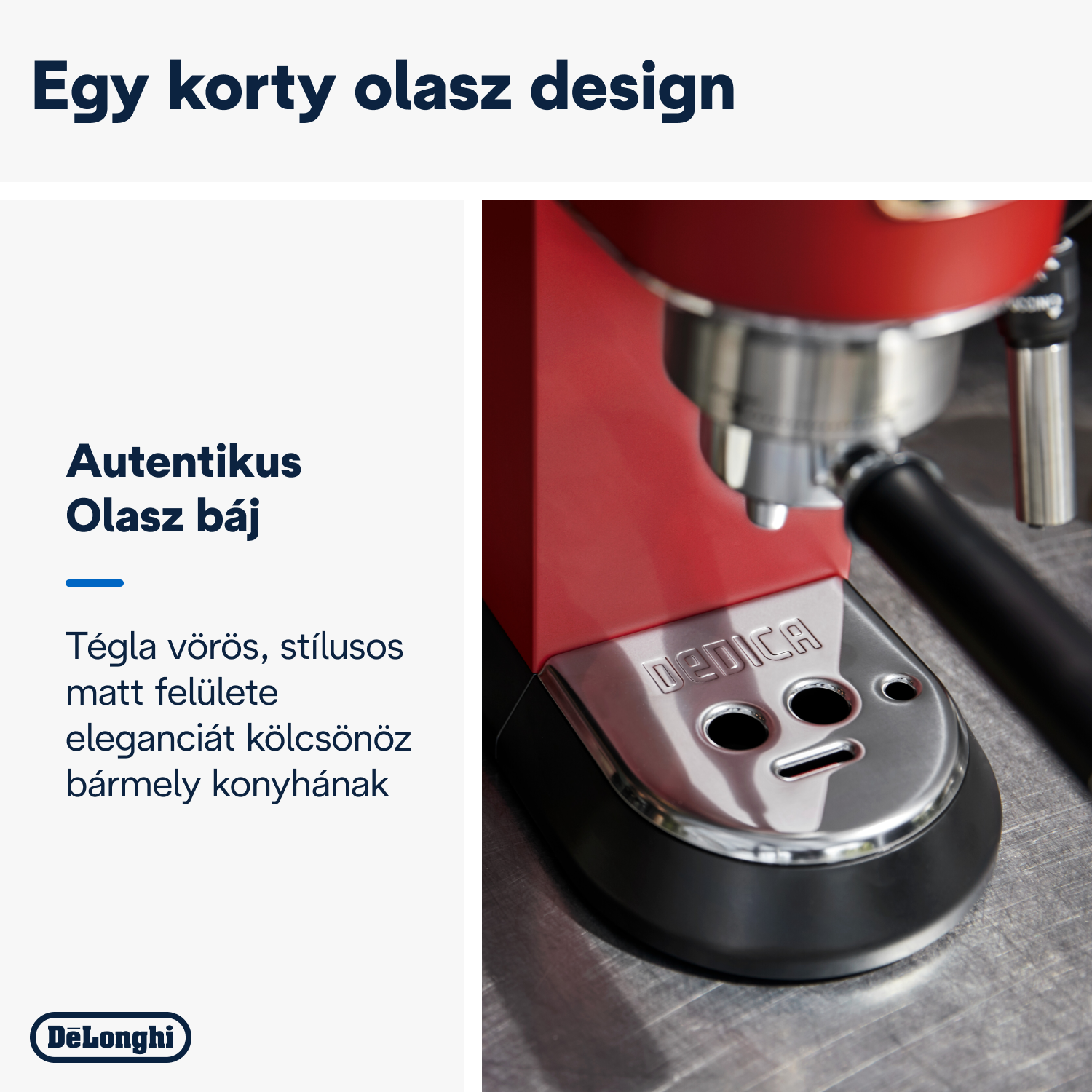 Piros eszpresszó gép ezüst részletekkel és fekete fogantyúval. Szöveg: Hiteles olasz stílus.