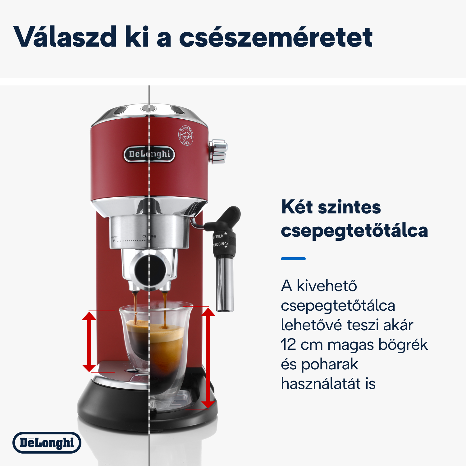 Piros DeLonghi eszpresszó gép pohárral és ömlő kávéval, magyar nyelvű szöveggel.