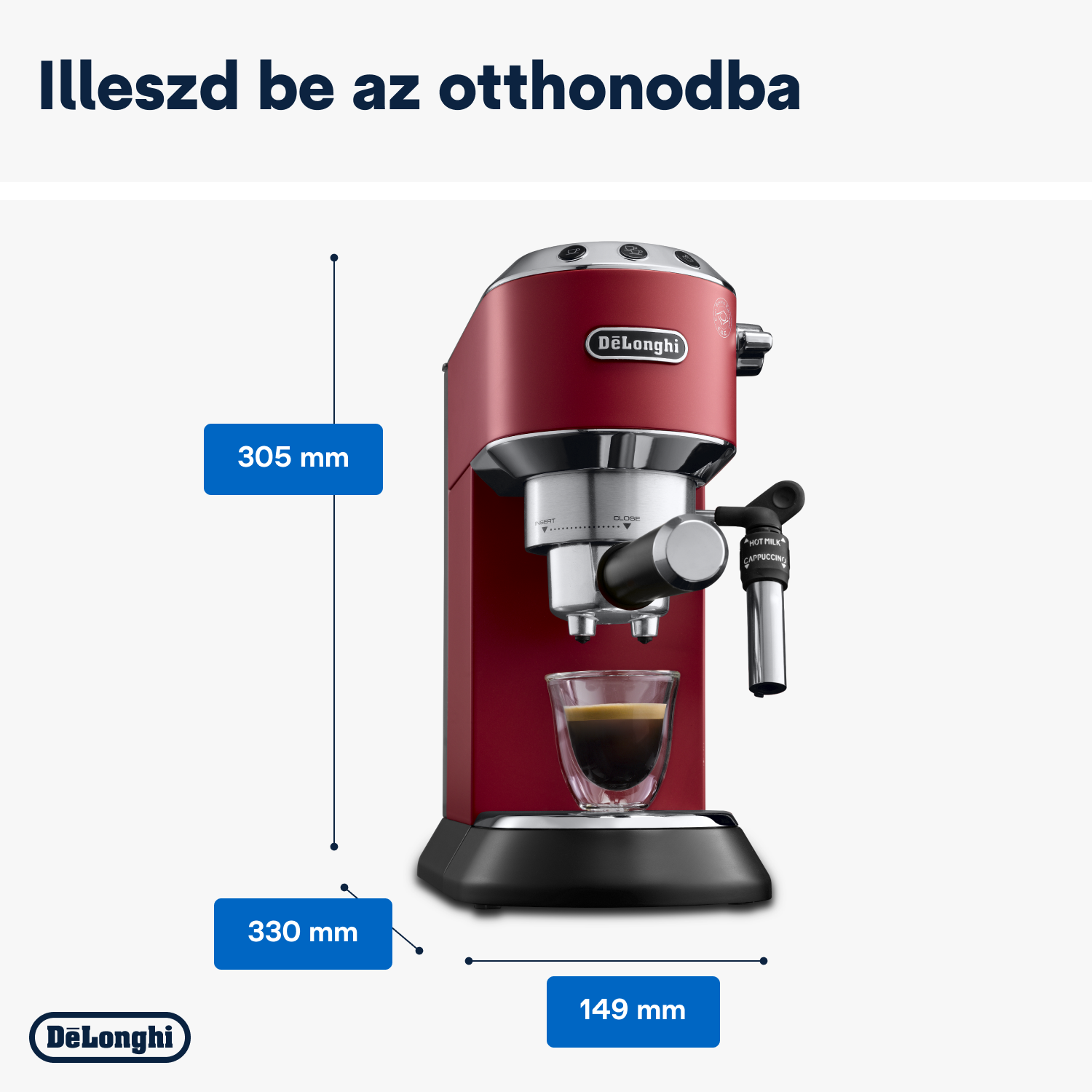 Egy piros eszpresszó gép egy pohár eszpresszóval. Tartalmazza az oldalán a méreteket.