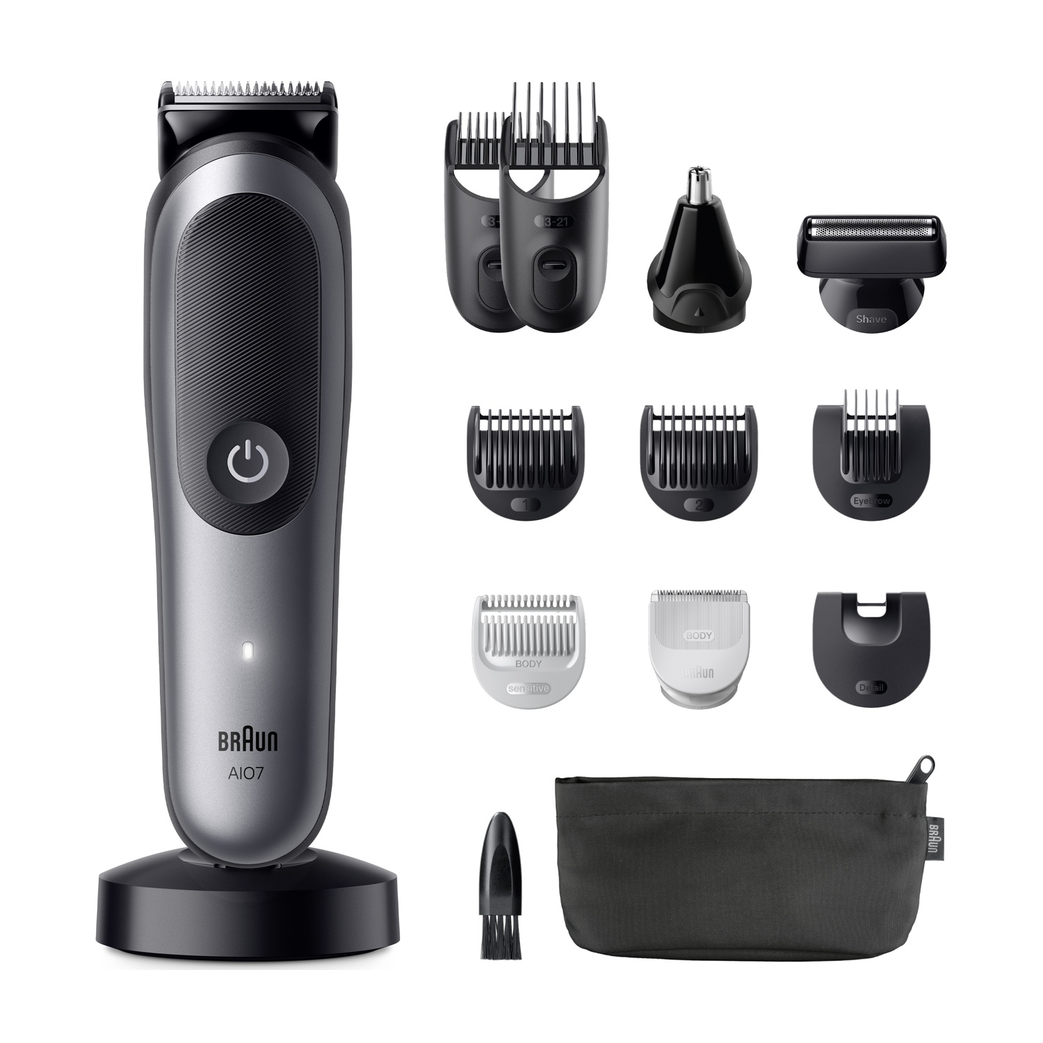 Kit per la cura della persona Braun con accessori multipli, tra cui testine per trimmer, un rifinitore nasale e una borsa.