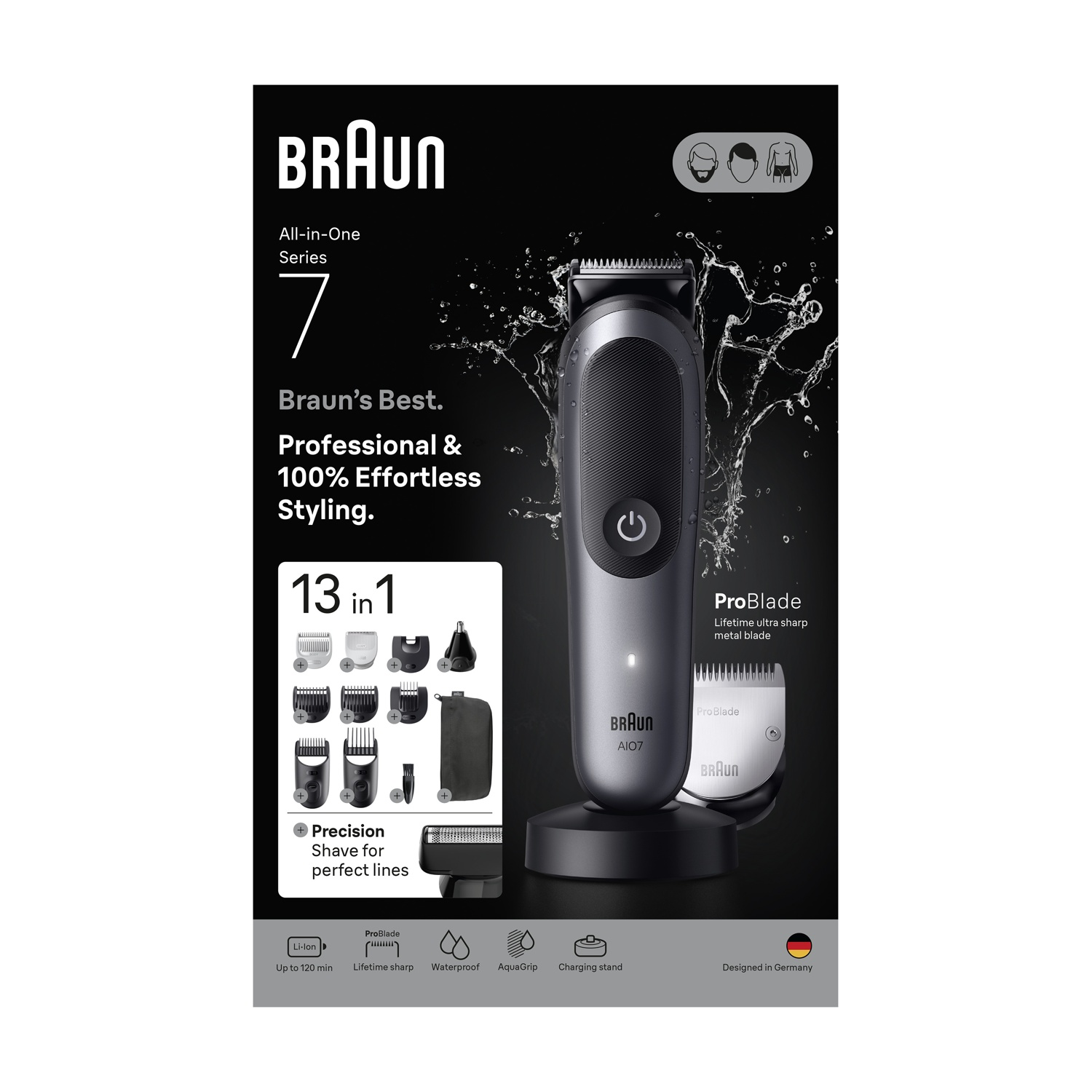 Scatola del prodotto rasoio elettrico Braun Series 7 con accessori e testo.
