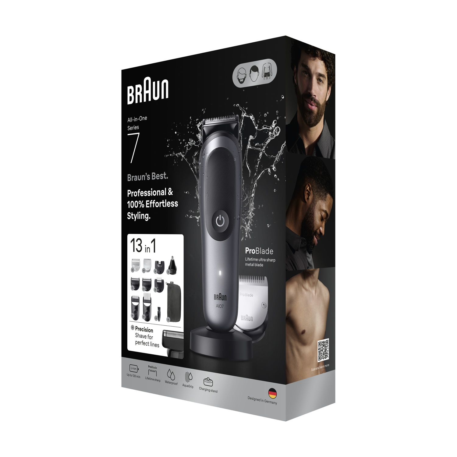 Scatola del prodotto per il rasoio elettrico Braun Series 7, con immagini e testo.