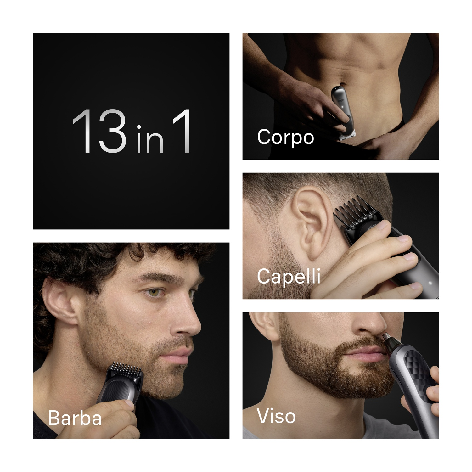 Rifinitore multiplo 13 in 1 con immagini che mostrano diverse funzioni di toelettatura.