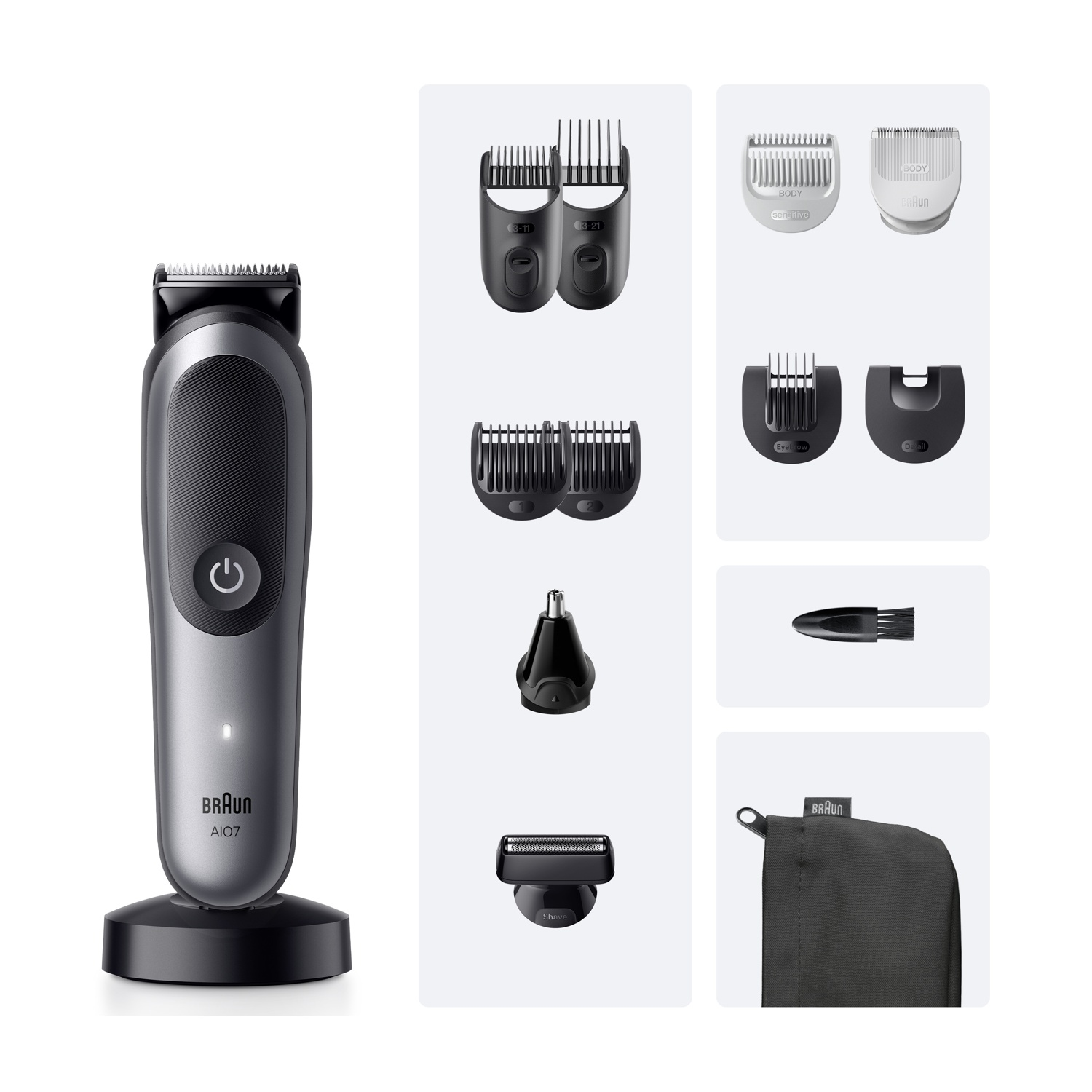 Kit per la toelettatura con trimmer e accessori. Sono visibili componenti grigi, neri e bianchi.