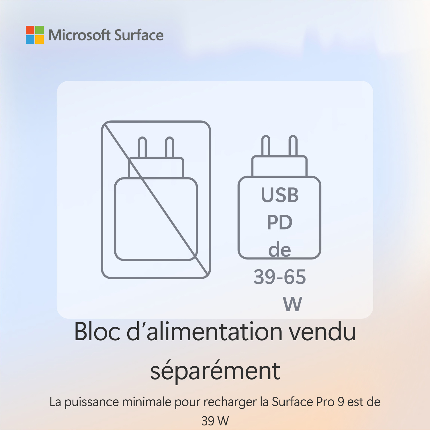 Chargeur blanc avec le texte 'USB PD de 39-65W' et le texte 'Bloc d'alimentation vendu séparément'.