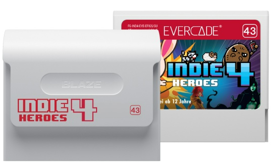 Videospielkassette und Hülle, beschriftet INDIE 4 HEROES. Die Kassette ist weiß, die Hülle rot.