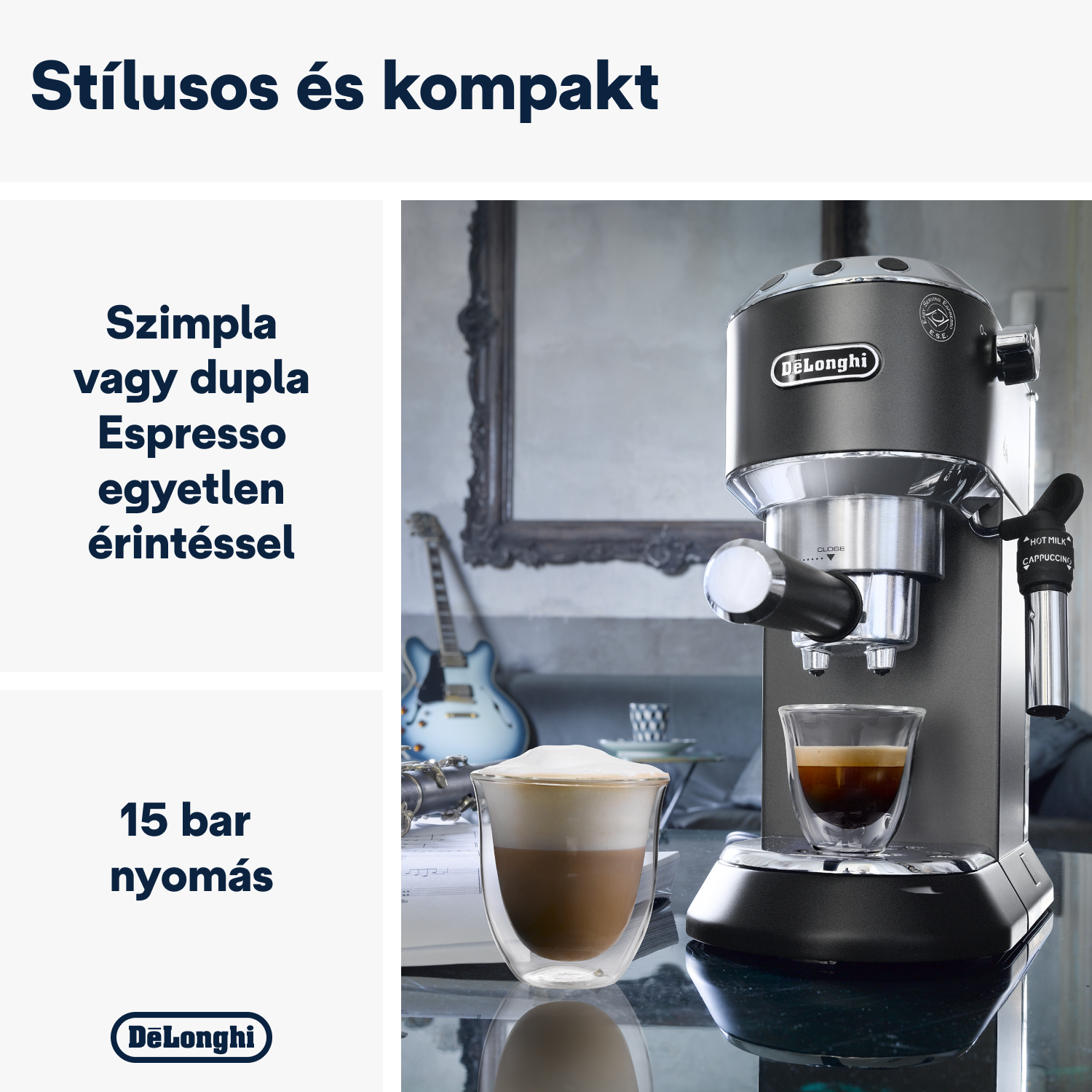 Egy DeLonghi eszpresszó gép két csészével és magyar nyelvű szöveggel.