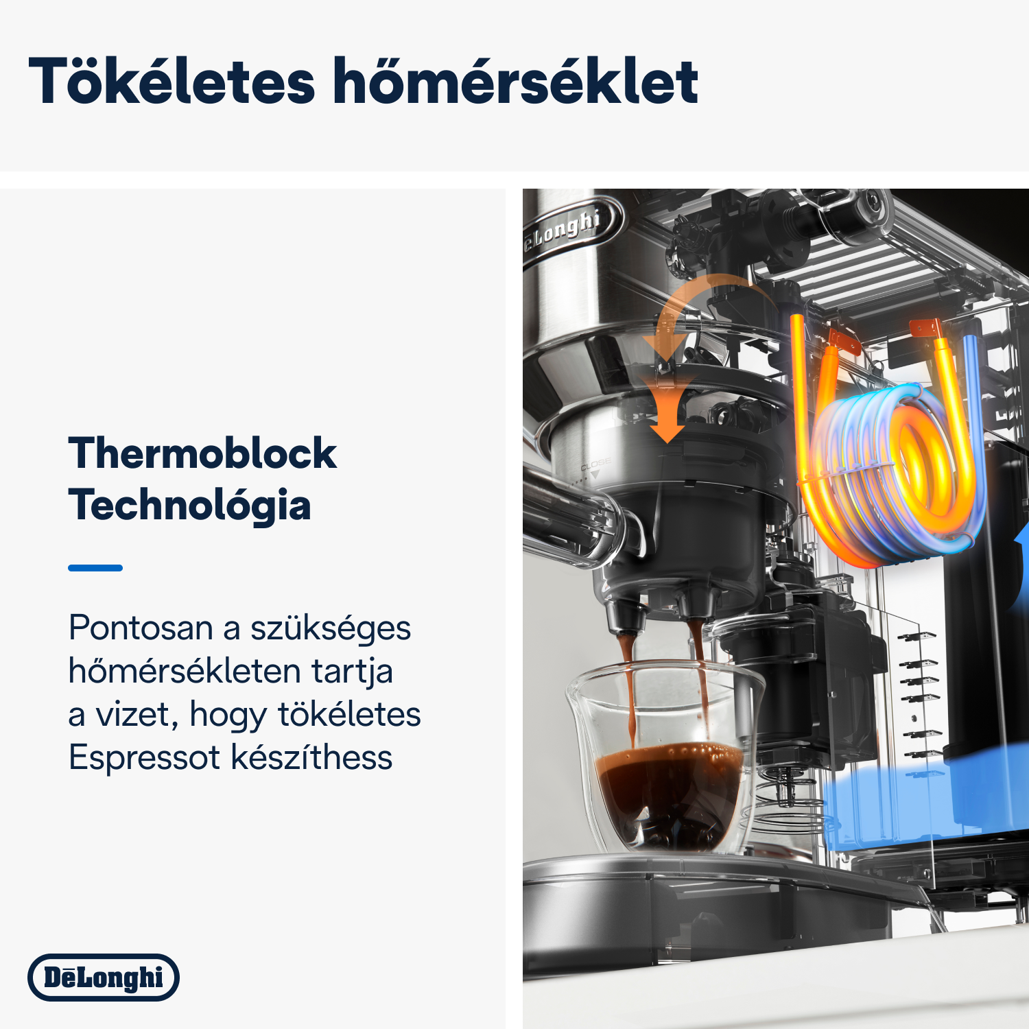 Kávéfőző, ami eszpresszót készít, hőmérsékletről szóló magyar szöveggel.