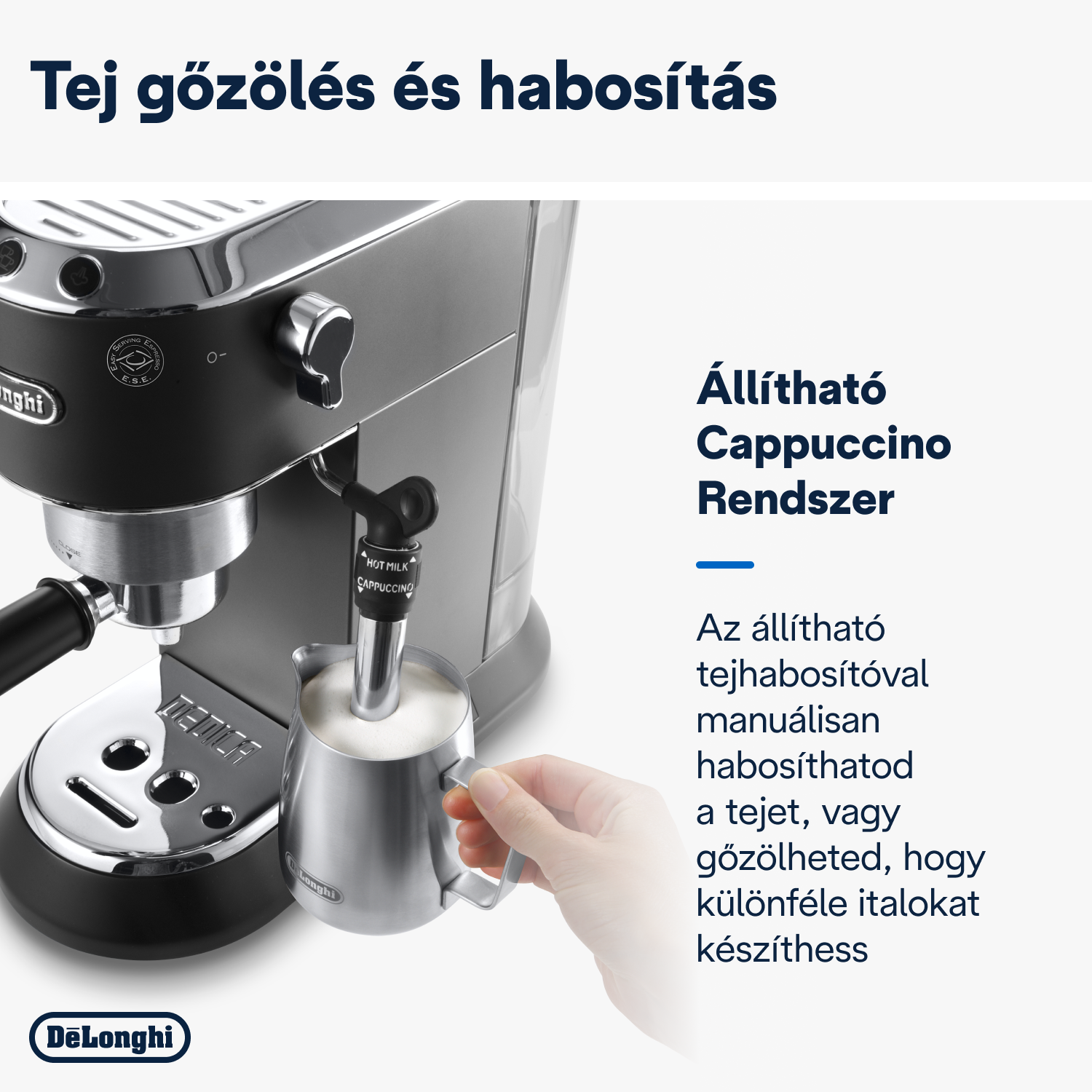 Kávéfőzőgép, ahogy egy személy tejet önt. Magyar felirat. Rozsdamentes acél és fekete kivitel.