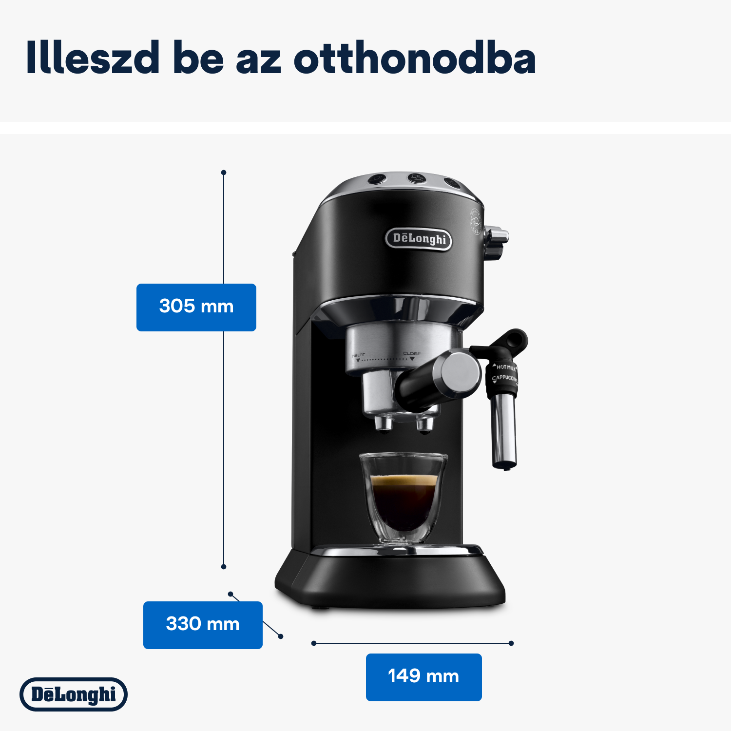 Fekete eszpresszógép méretekkel. Pohár eszpresszó. Fehér háttér.