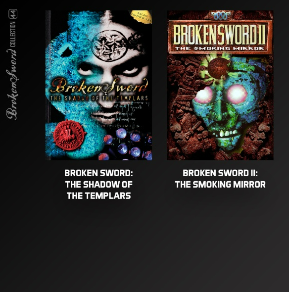 Broken Sword Spielcover. Eines zeigt ein Gesicht, das andere einen grünen Schädel.