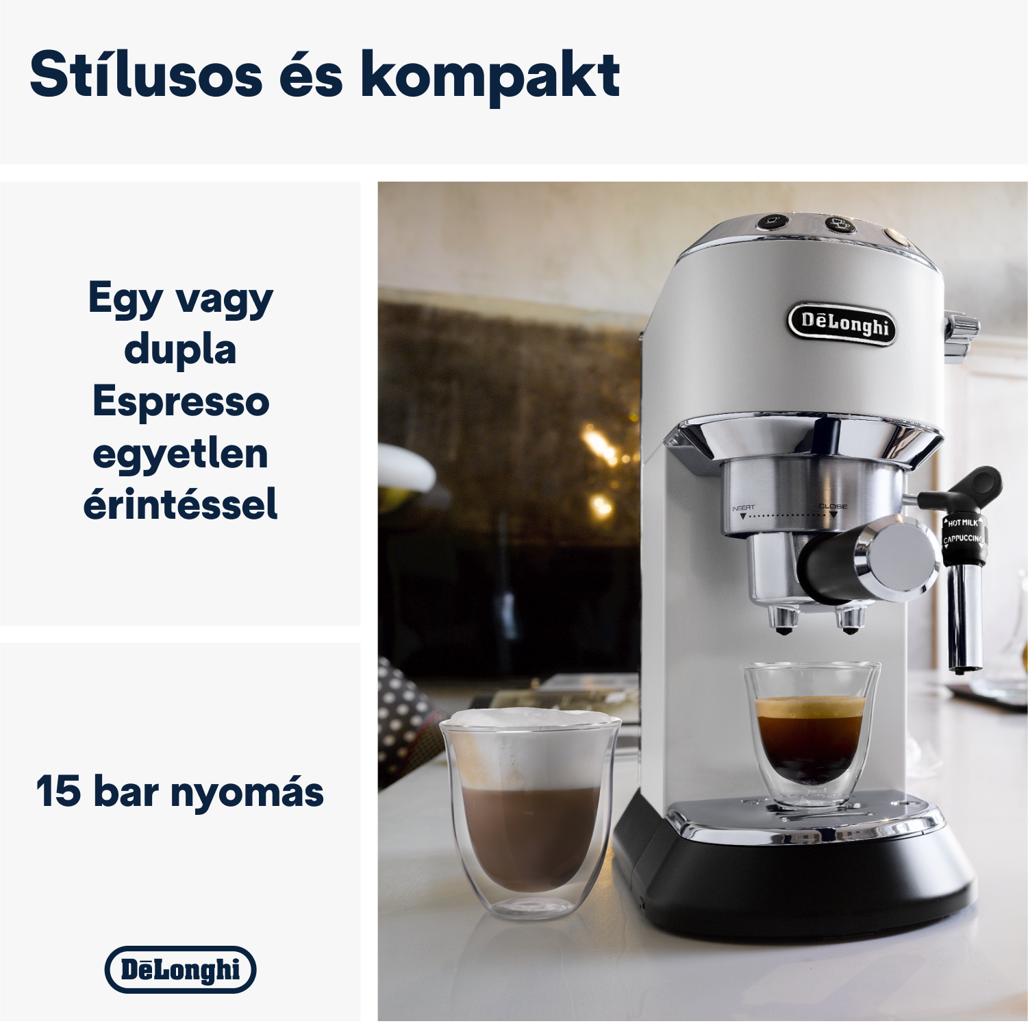 Fehér eszpresszó gép két kávéspohárral. A szöveg szerint: Stílusos és kompakt, 15 bar nyomás.