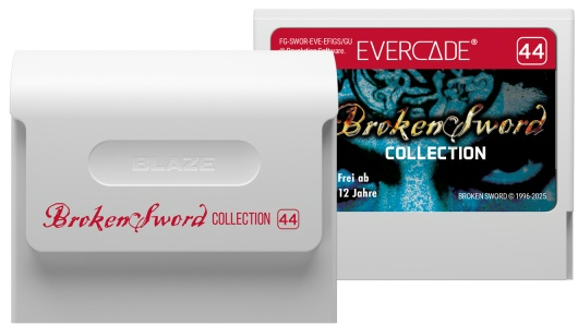 Zwei weiße Evercade-Spielkassetten für die Broken Sword Collection.