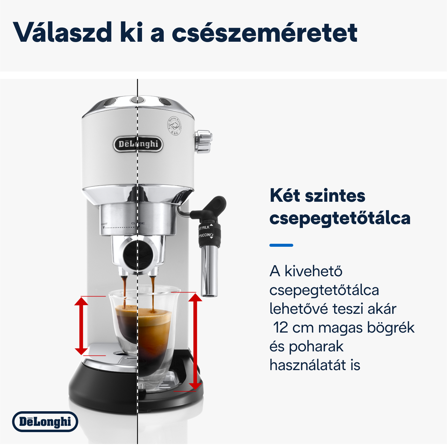 Fehér eszpresszó gép egy pohár kávéval és egy szöveg a termékről.
