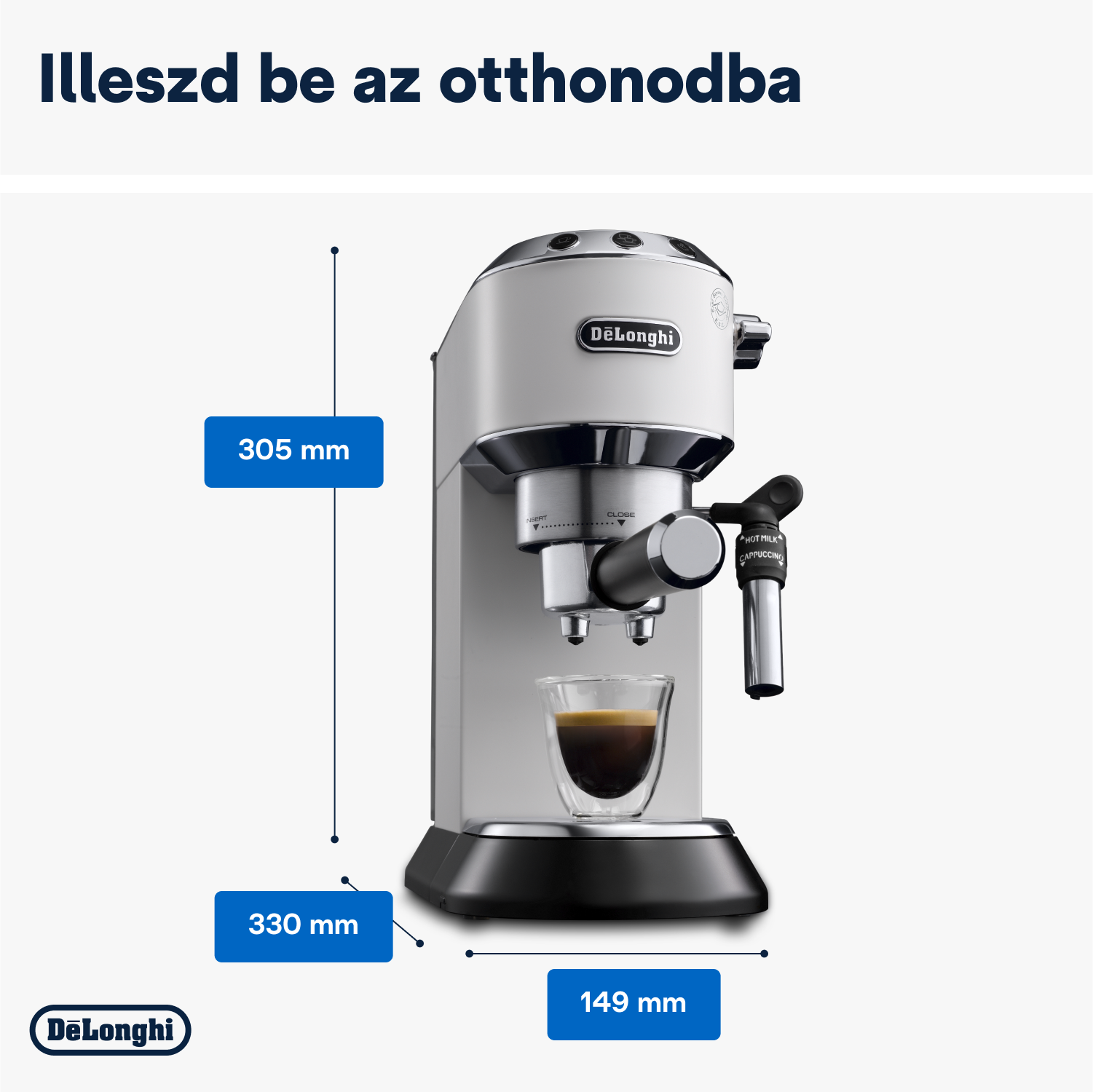 Fehér-ezüst eszpresszó gép, a méretekkel együtt.