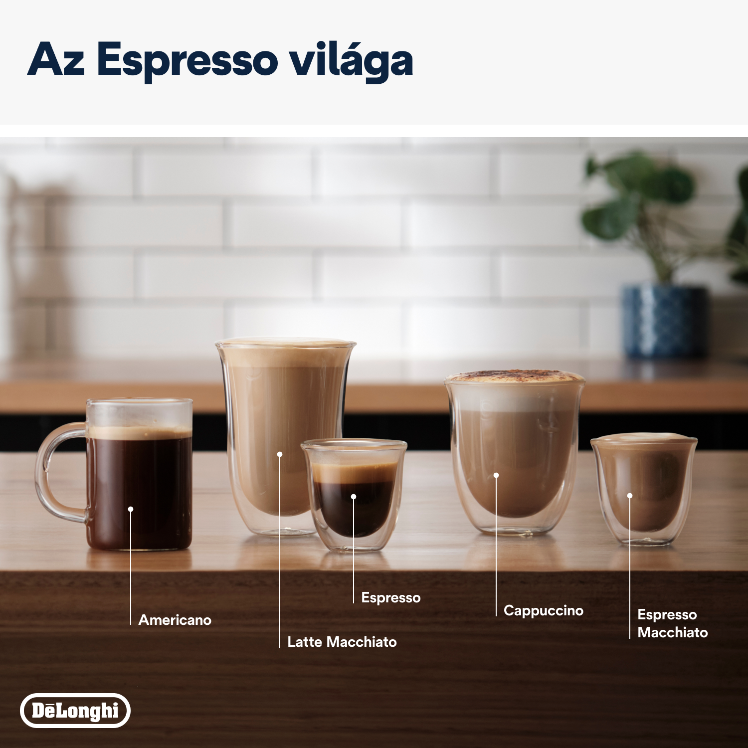 Különféle kávéitalok átlátszó poharakban fa felületen.