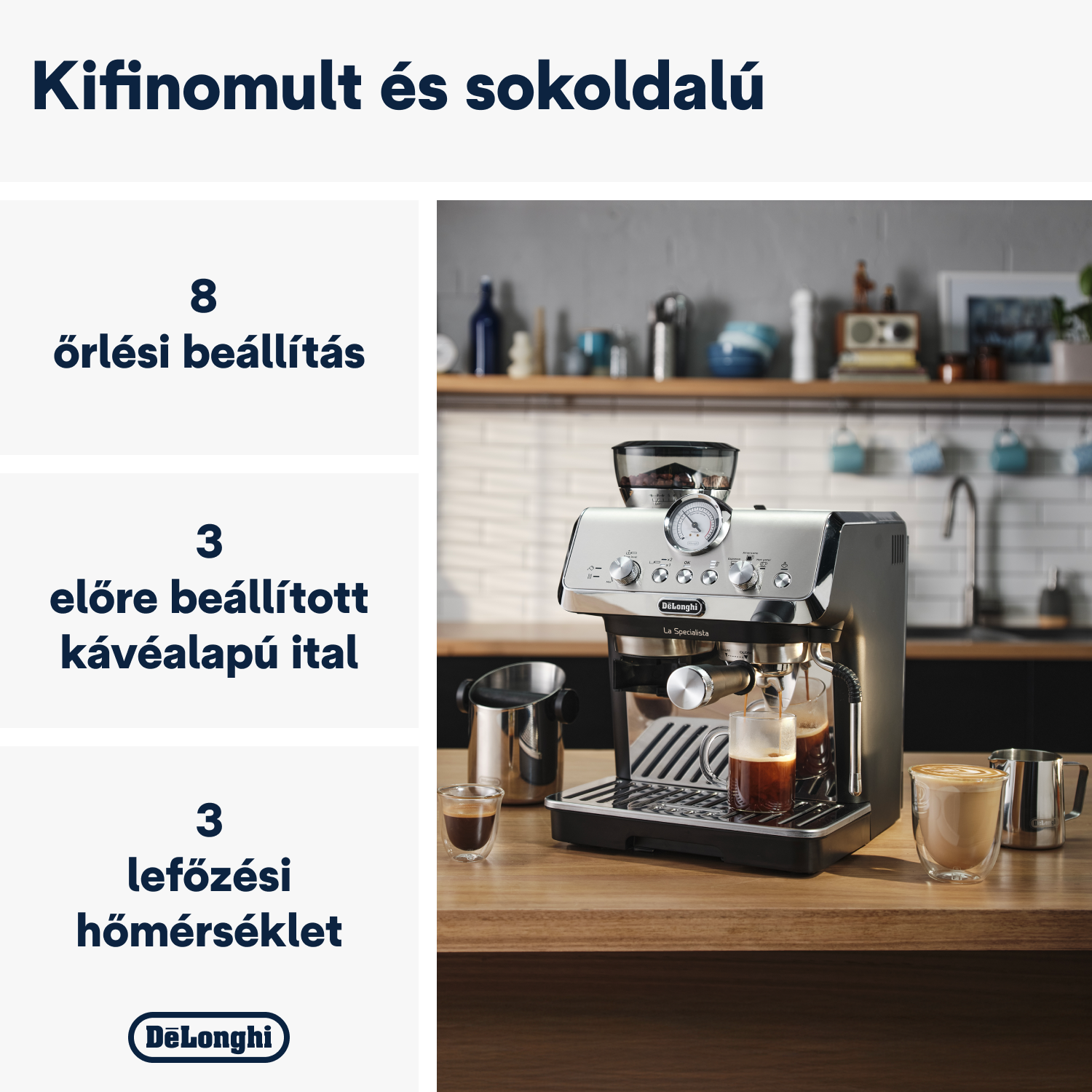 Kávéfőző magyar nyelvű szöveggel, kávéfőzést mutatva.