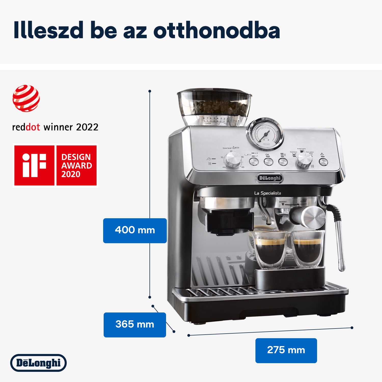 Delonghi kávéfőző, fekete és ezüst, méretekkel és díjakkal. Fehér háttér.