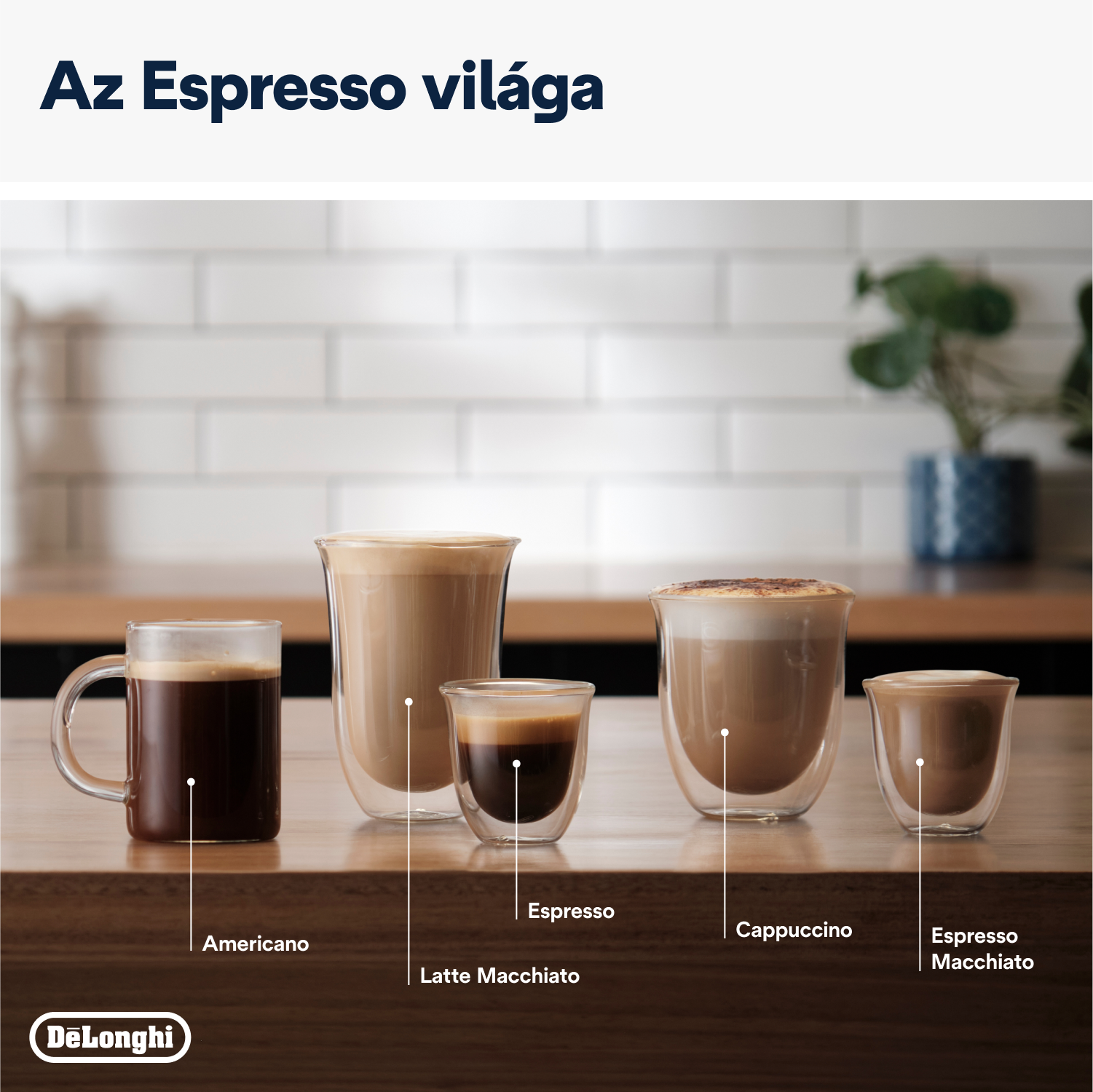Különböző kávéfajták egy faasztalon, például Americano.