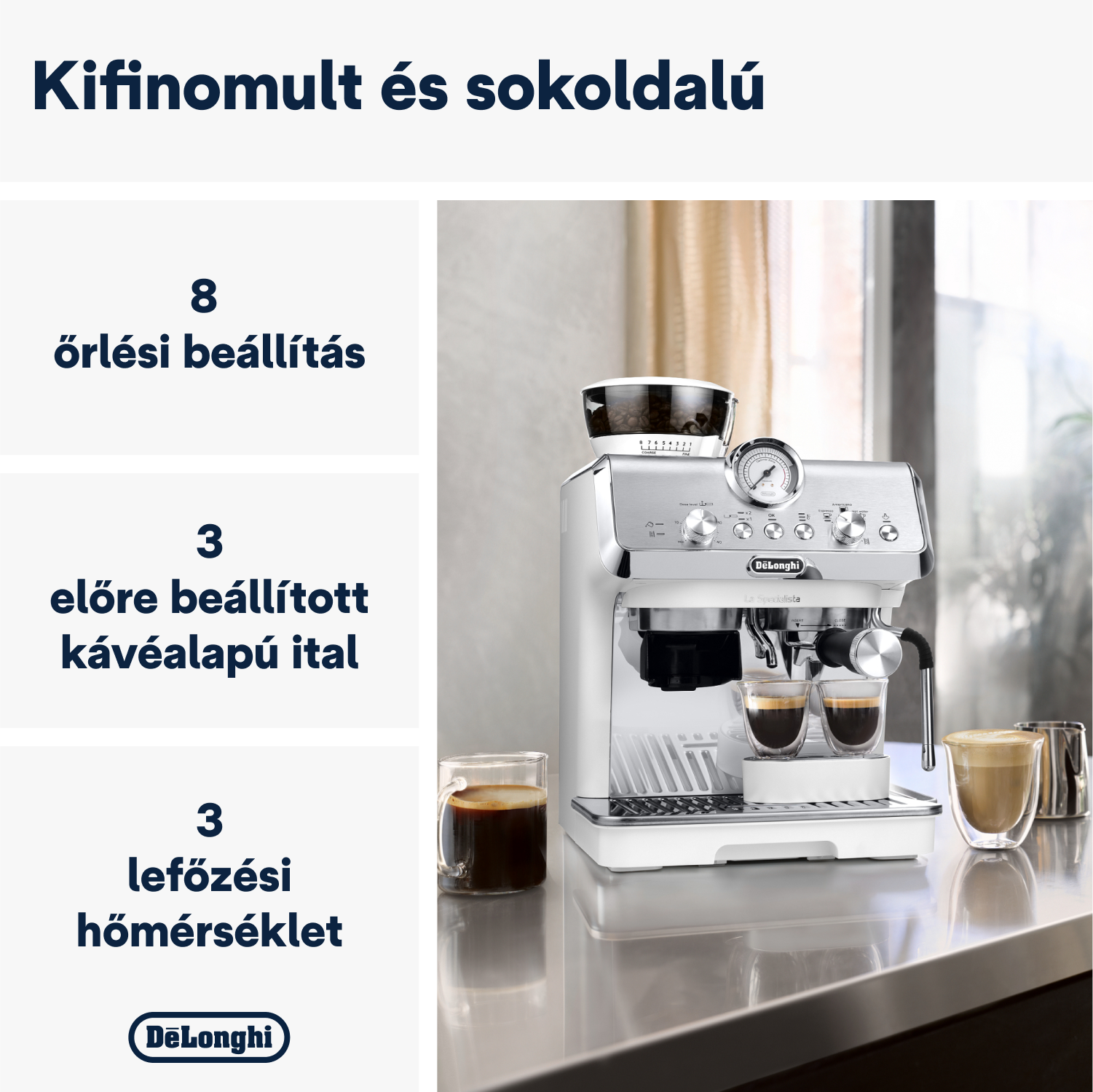Egy fehér és ezüst eszpresszó gép két kávéspohárral és a beállításokról szóló szöveggel.