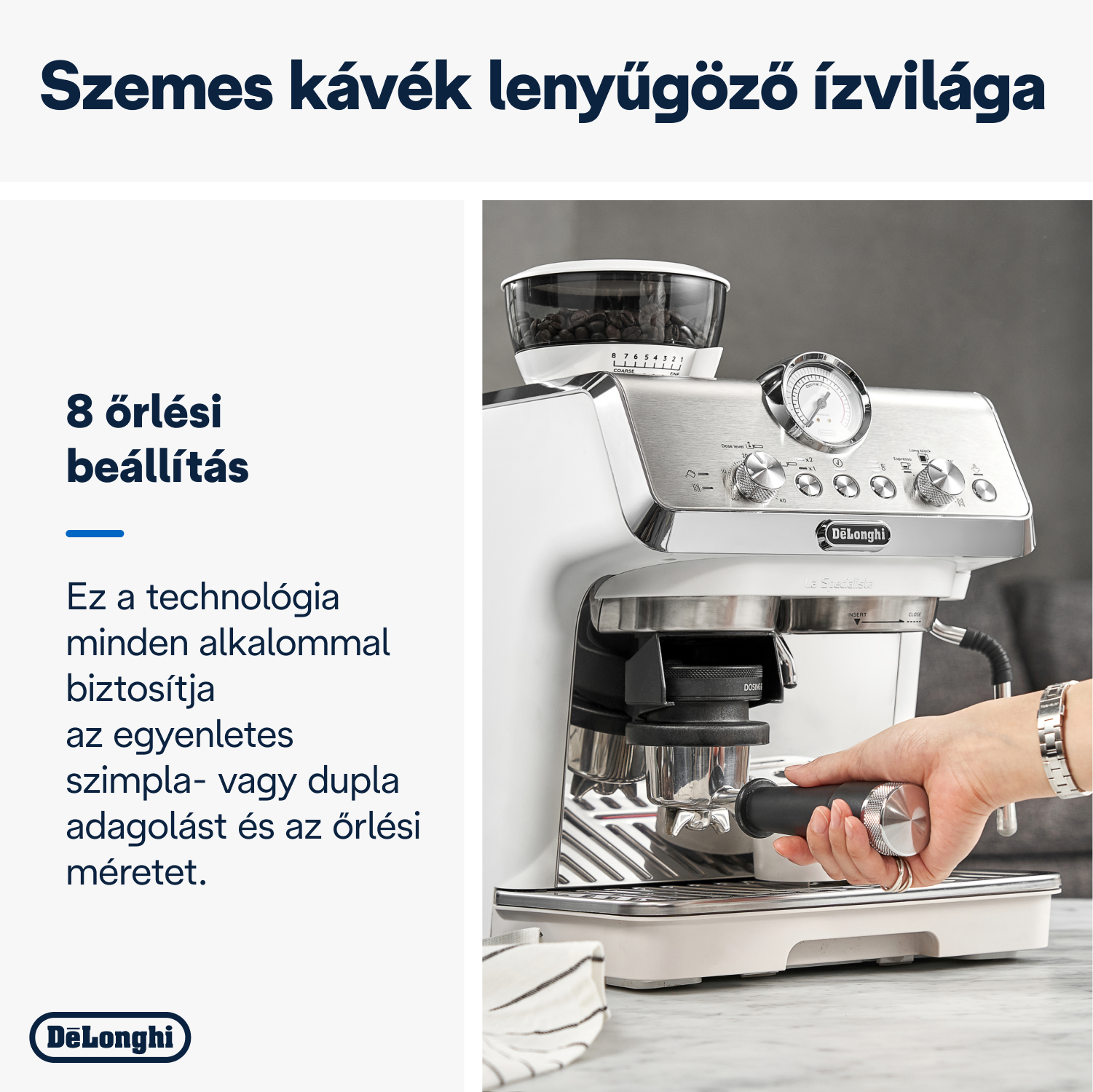 Fehér és ezüst eszpresszó gép, a kéz tartja a szűrőtartót.