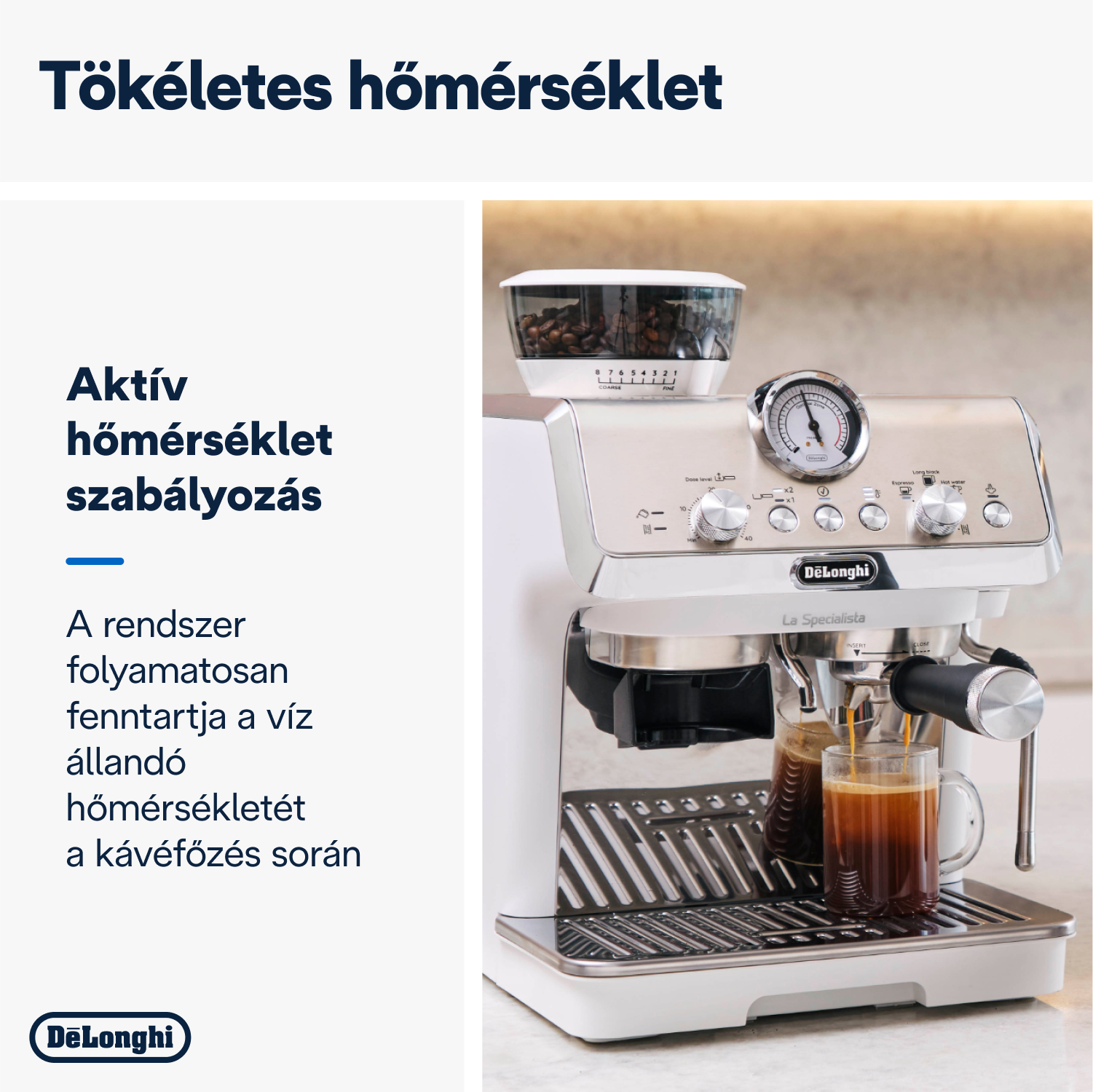 Egy kávéfőző látható, ahogy a kávé egy pohárba ömlik. A háttér egy konyha.