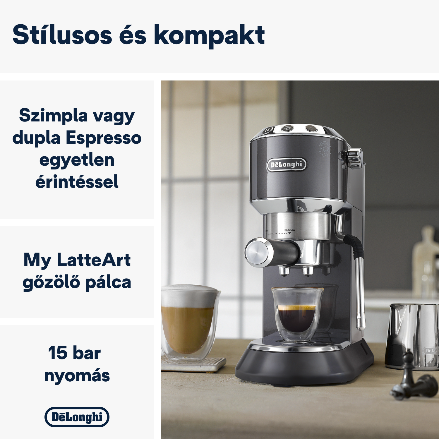 Szürke-ezüst eszpresszó gép eszpresszó opciókkal és gőzölővel.