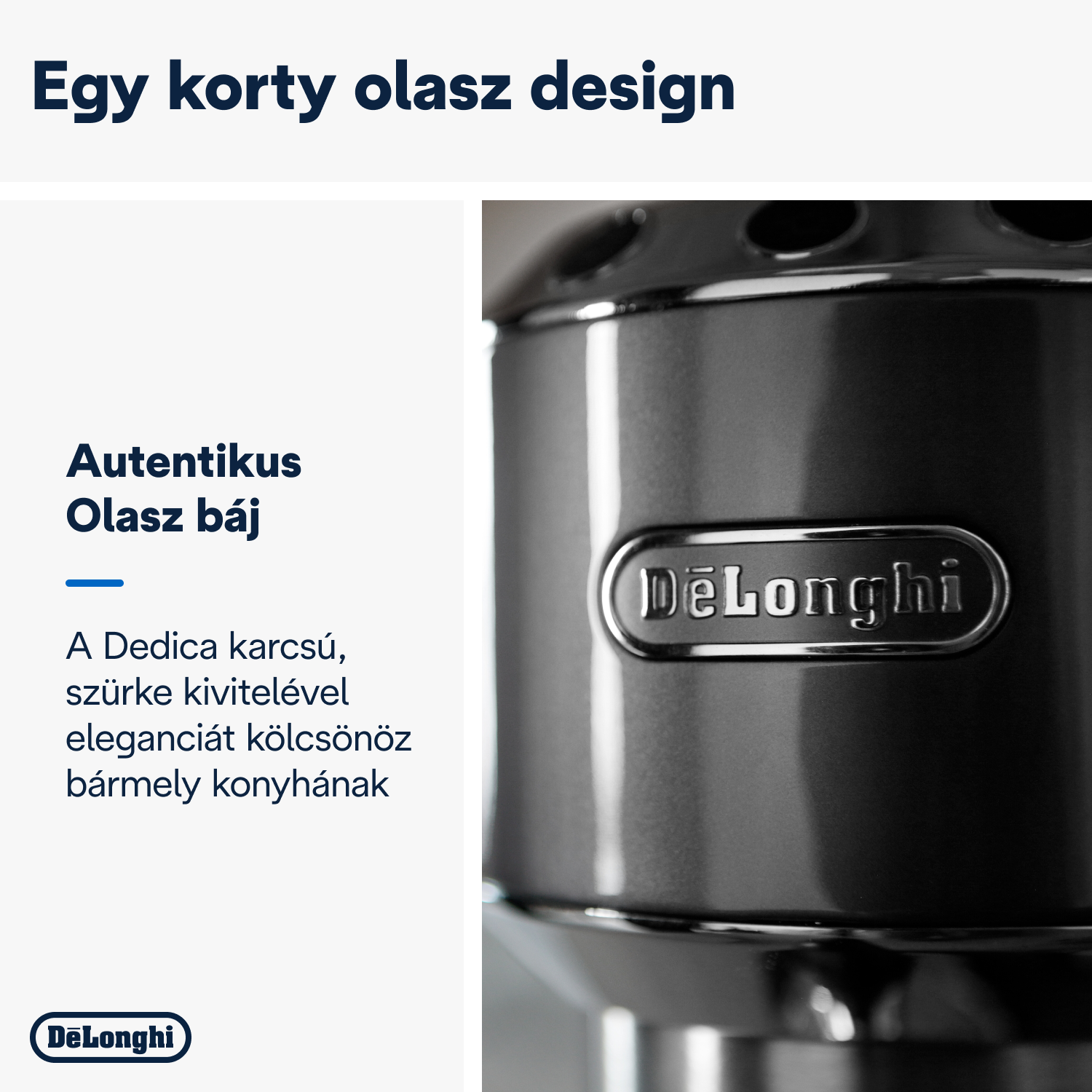 Kávéfőző részletének közeli képe, látható a DeLonghi logó.