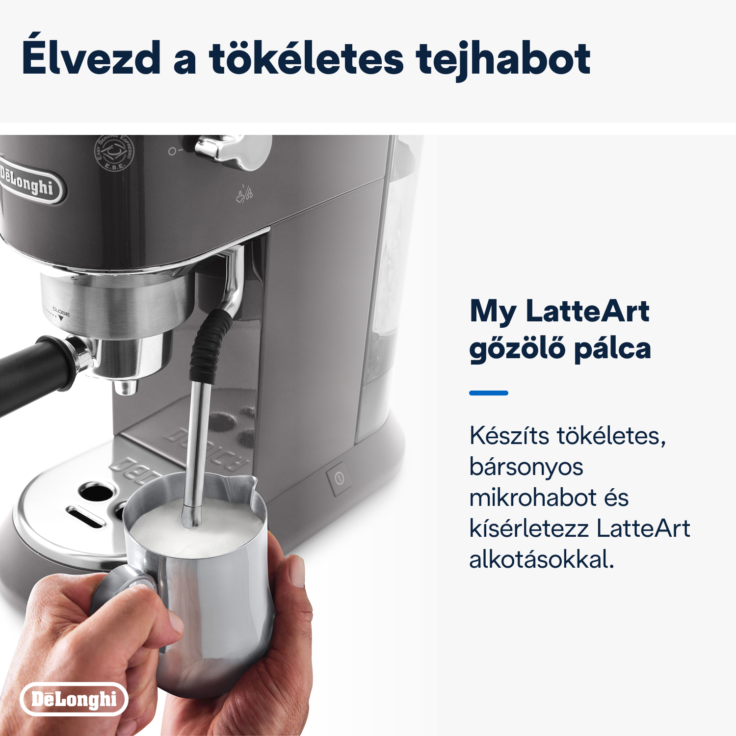 Eszpresszó gép tejhabot készít. Egy kéz egy fém kancsót tart. Szöveg: My LatteArt.