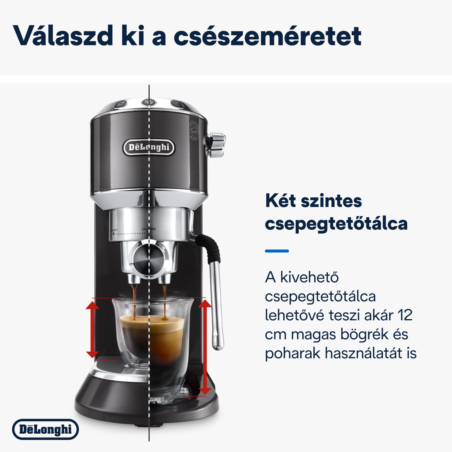 Esspresszó gép üveggel és szöveggel a képen. Fekete és ezüst.