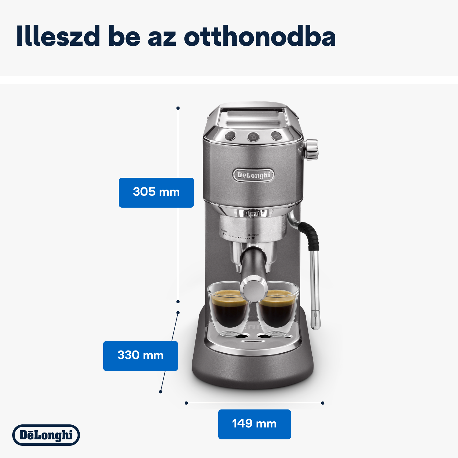Delonghi kávéfőző, méretekkel.