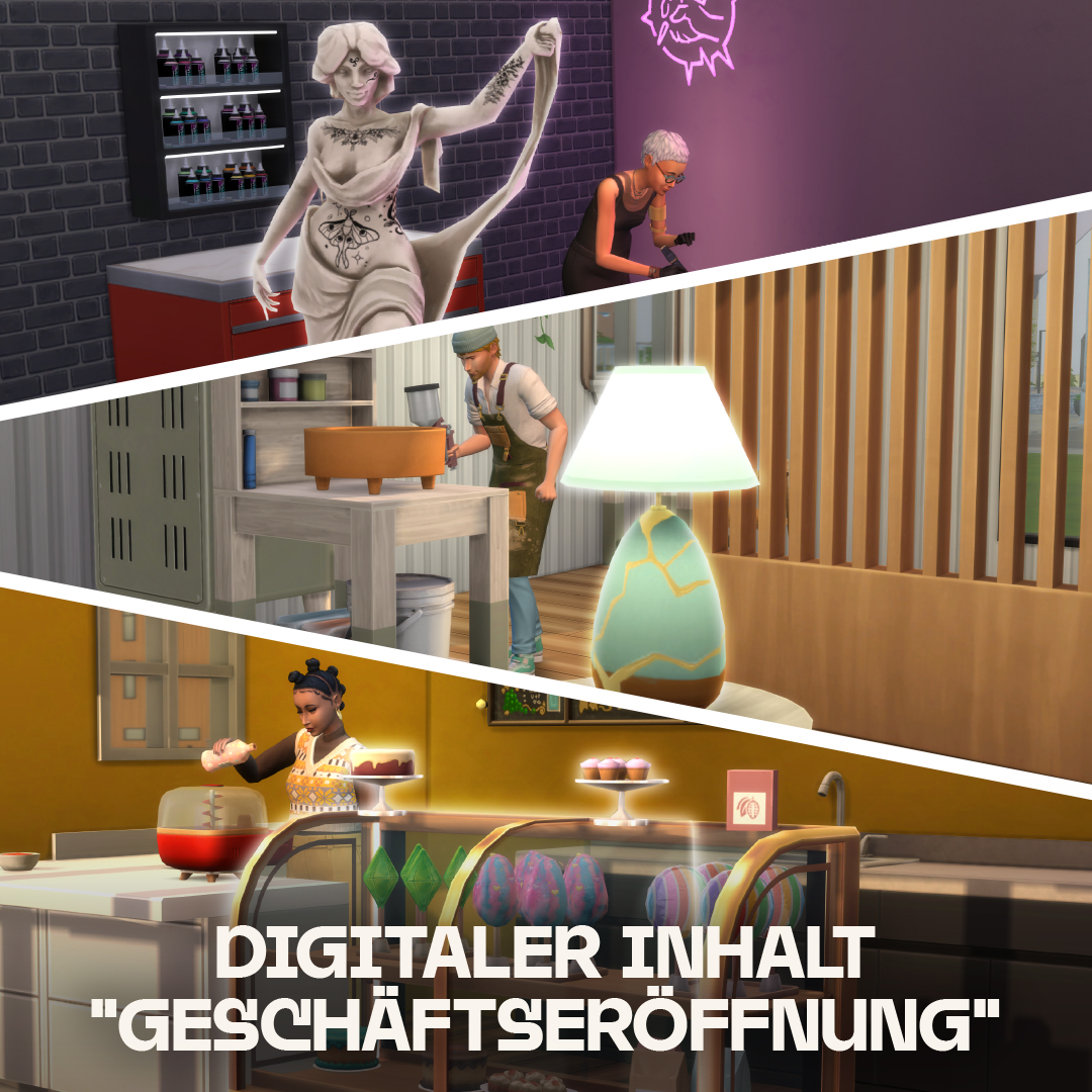 Sims-Spielszenen. Leute in Geschäften mit Objekten und Text.
