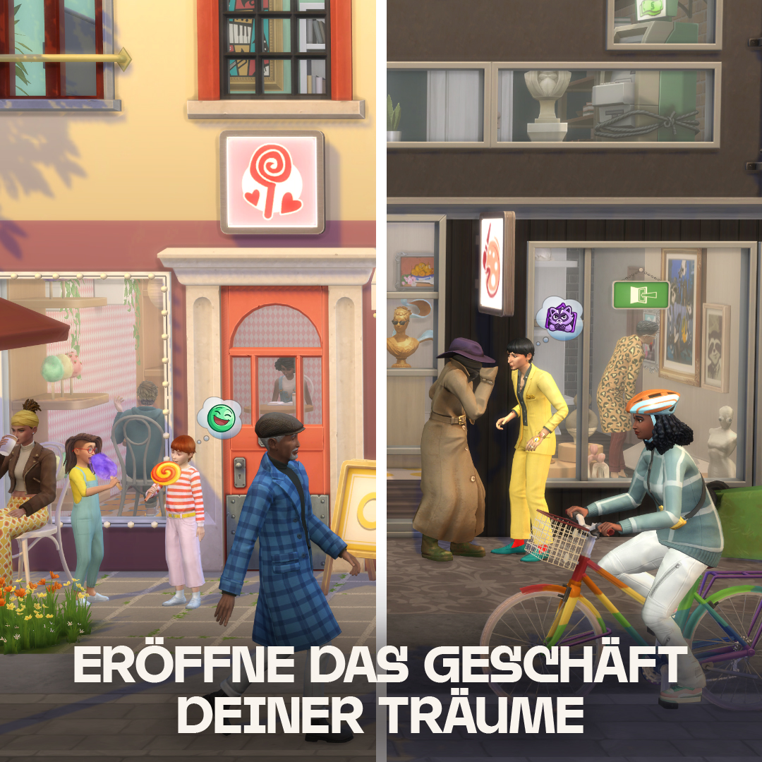 Zwei Schaufenster mit dem Text 'Eröffne das Geschäft deiner Träume' auf Deutsch, Menschen und Geschäfte.