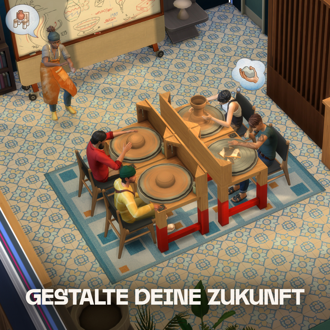 Leute arbeiten an Töpferscheiben in einer Werkstatt. Der Text 'Gestalte Deine Zukunft' ist vorhanden.