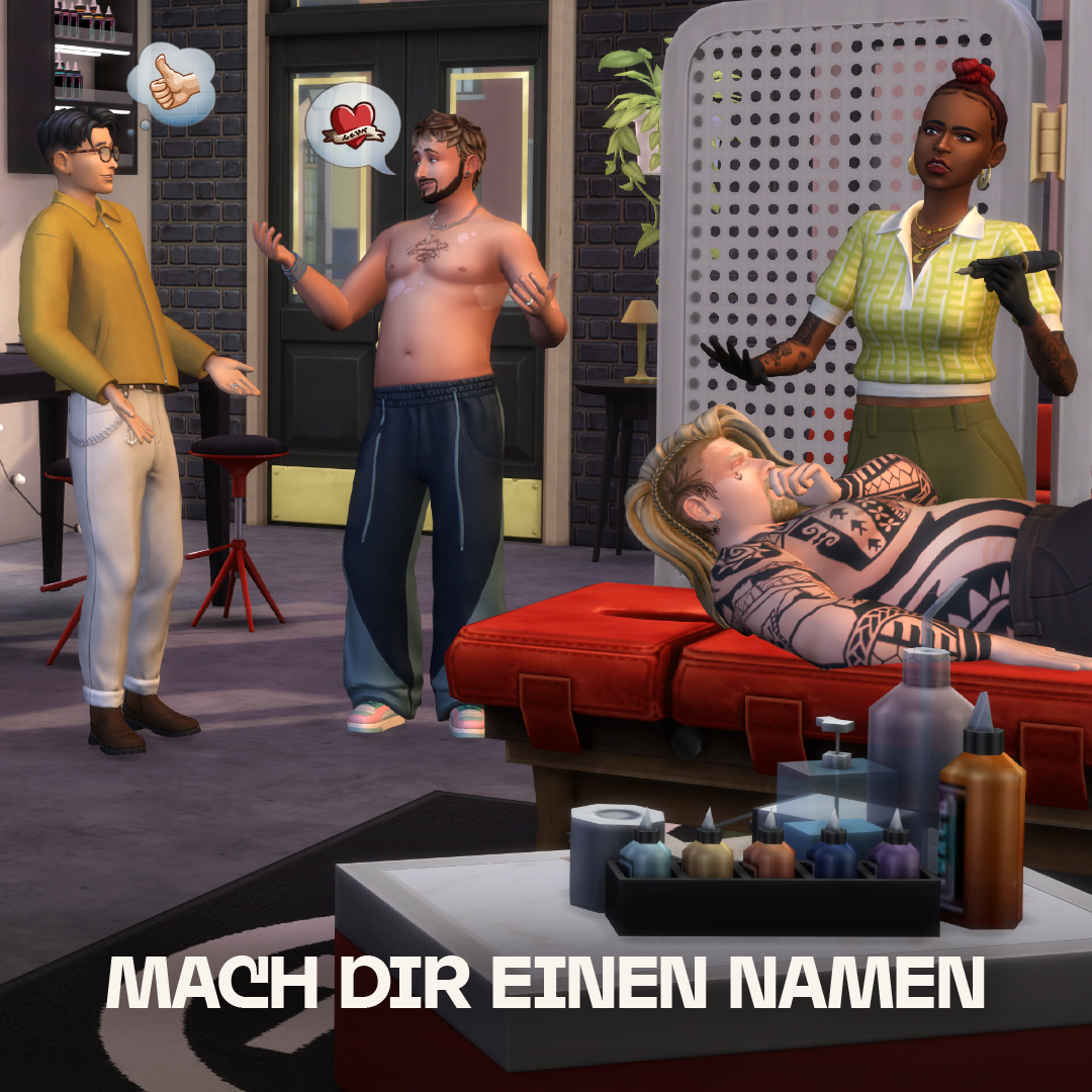 Szene aus einem Spiel mit drei Personen und einem Tätowierer. Der Hintergrund ist ein Tätowierstudio.