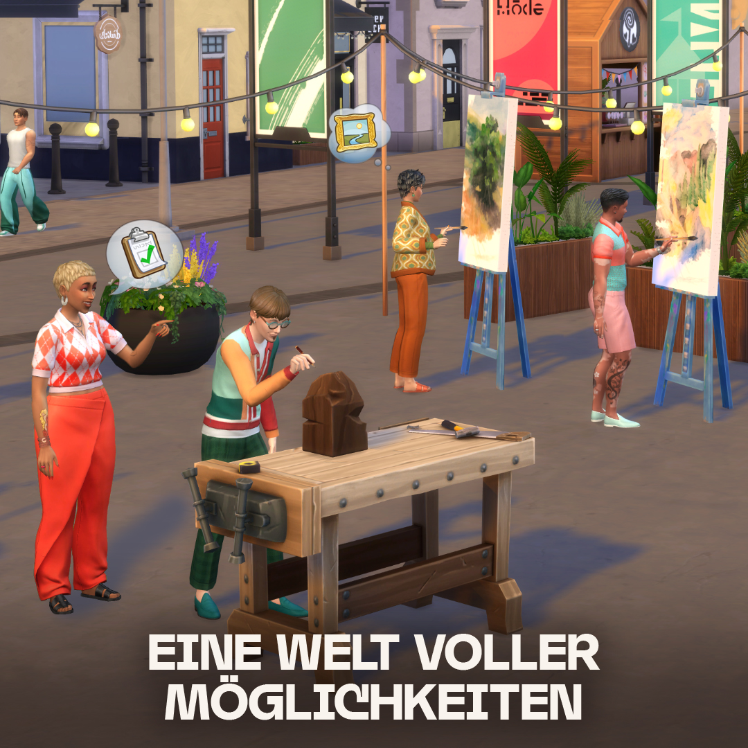 Szene von Künstlern, die im Freien malen, mit deutschem Text: „Eine Welt voller Möglichkeiten“.