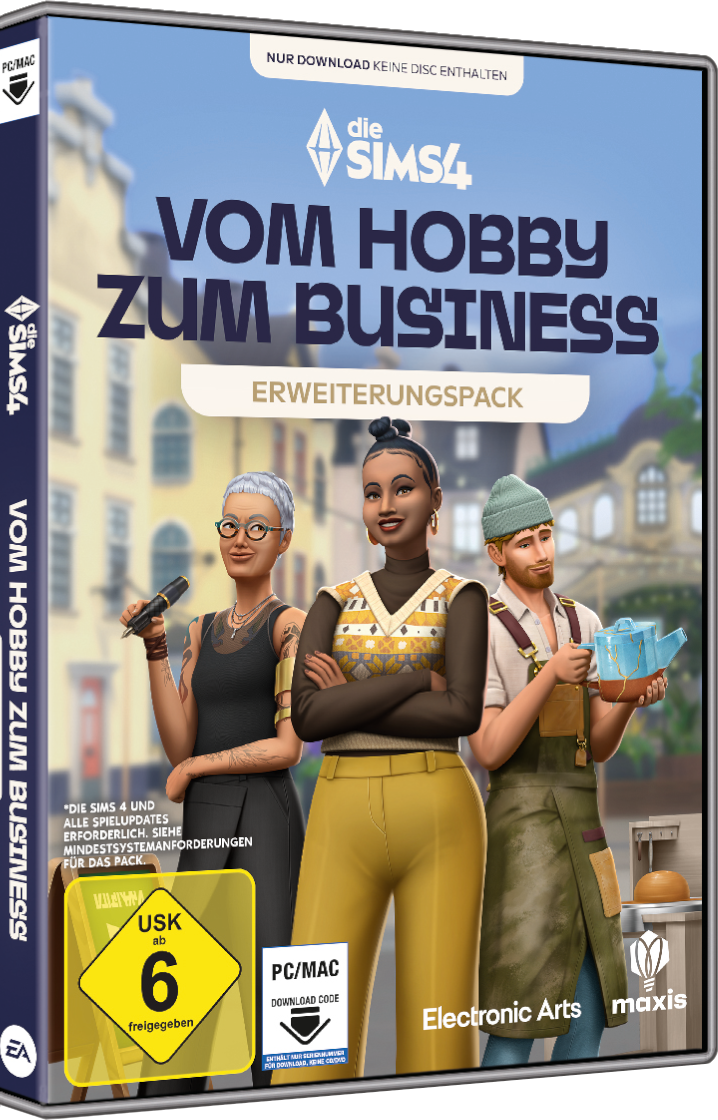 Die Sims 4 Spielverpackung mit drei Zeichentrickfiguren und dem Titel 'Vom Hobby Zum Business'.