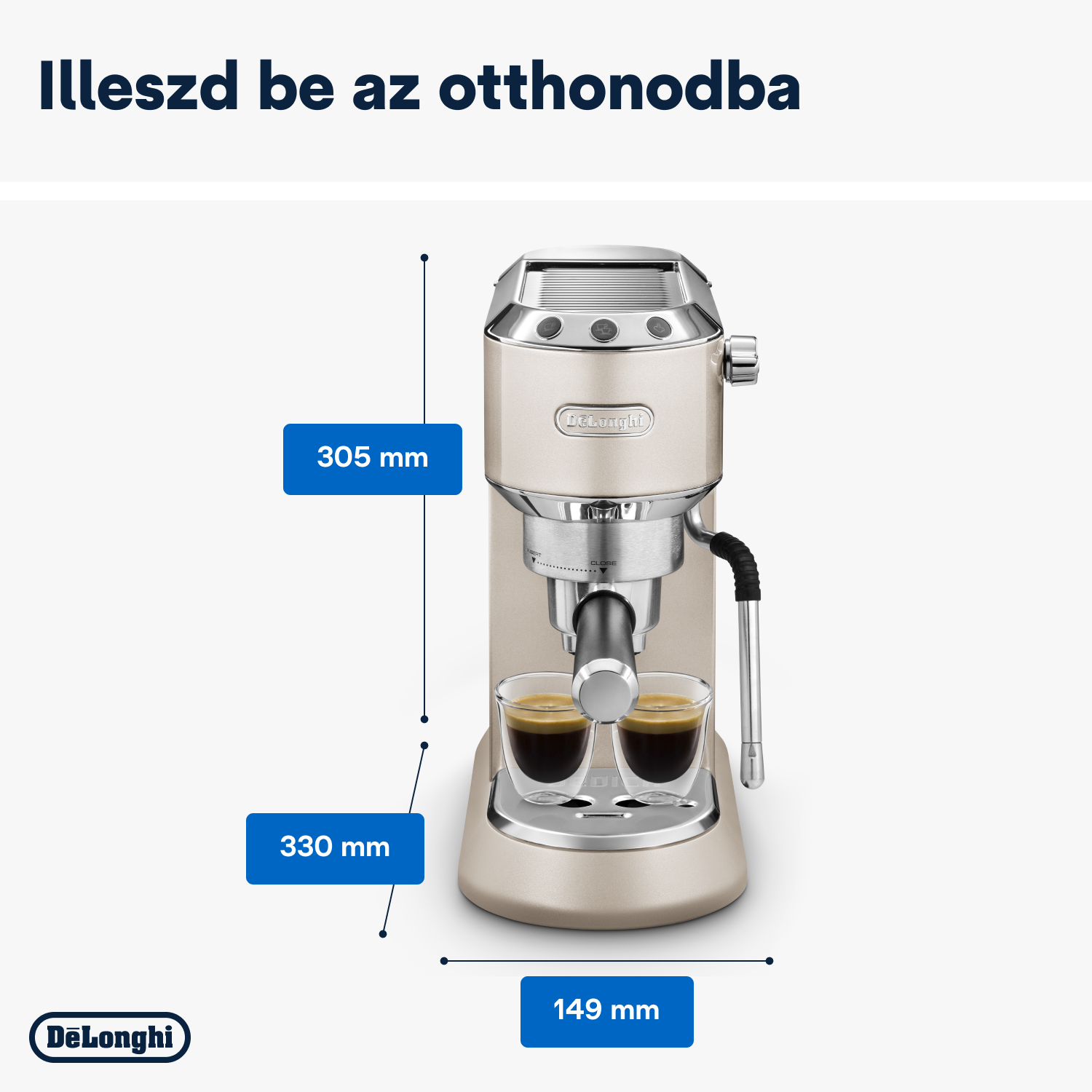 Esspresszó-készítő gép méretekkel. Két pohár eszpresszó előtt. Bézs és ezüst színvilág.