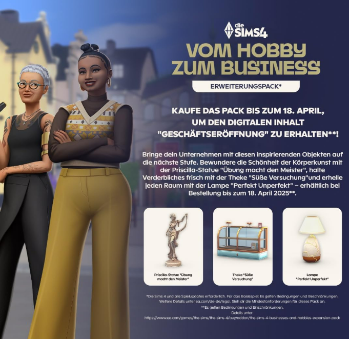 Sims 4 Anzeige: zwei Frauen, eine Statue, ein Geschäft und eine Lampe. Text: Vom Hobby zum Business.