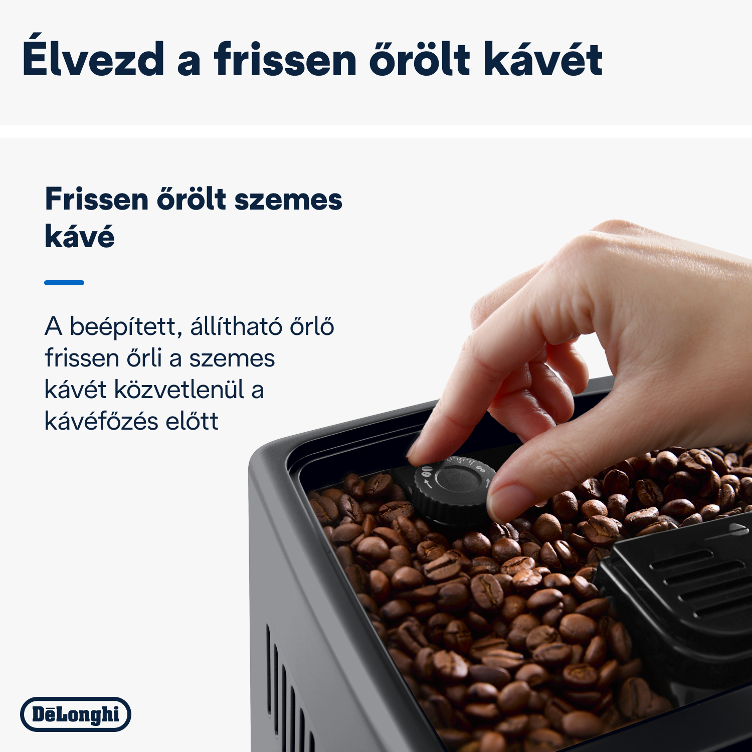 Személy babot ad egy kávéfőzőhöz. Felirat: "Élvezze a frissen őrölt kávét." Barna bab.