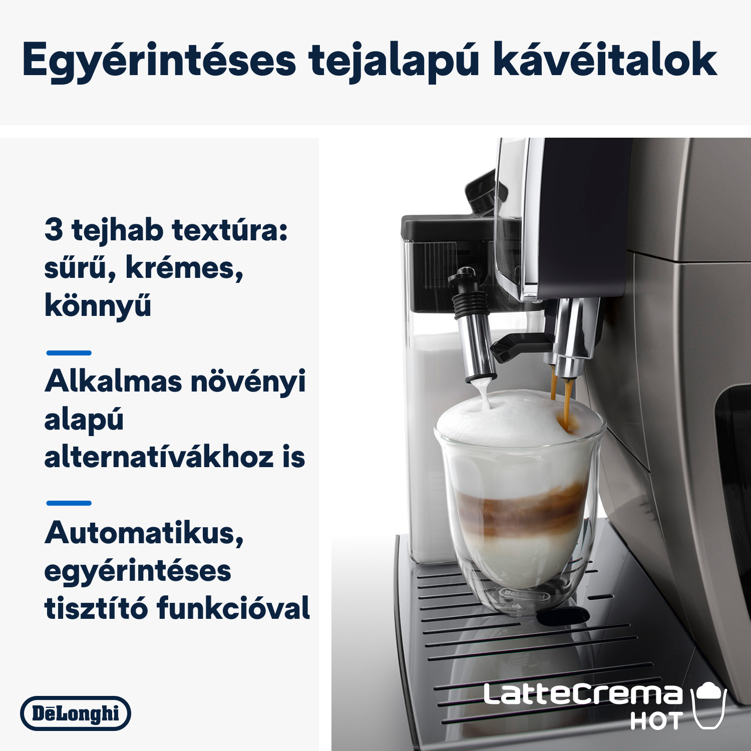 Kávéfőző, amely latte-t önt, a tej alapú kávéitalokról szóló, magyar nyelvű szöveg mellett.