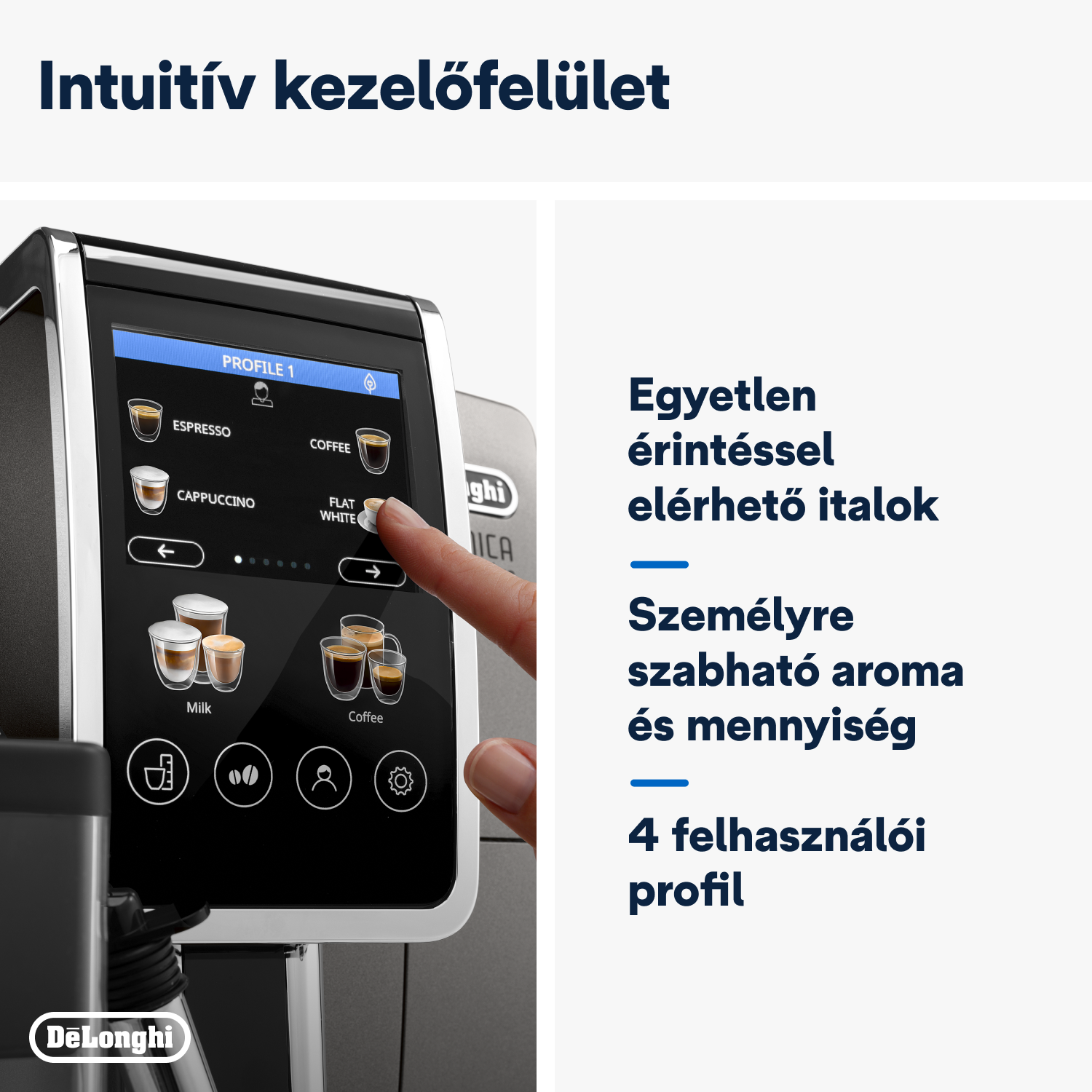 Egy fekete kávéfőzőgép érintőképernyővel és a termékről szóló szöveggel.